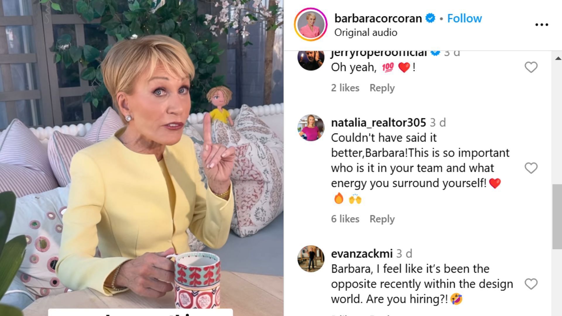 Comments on Barbara&#039;s post (Image source via Instagram @barbaracorcoran)