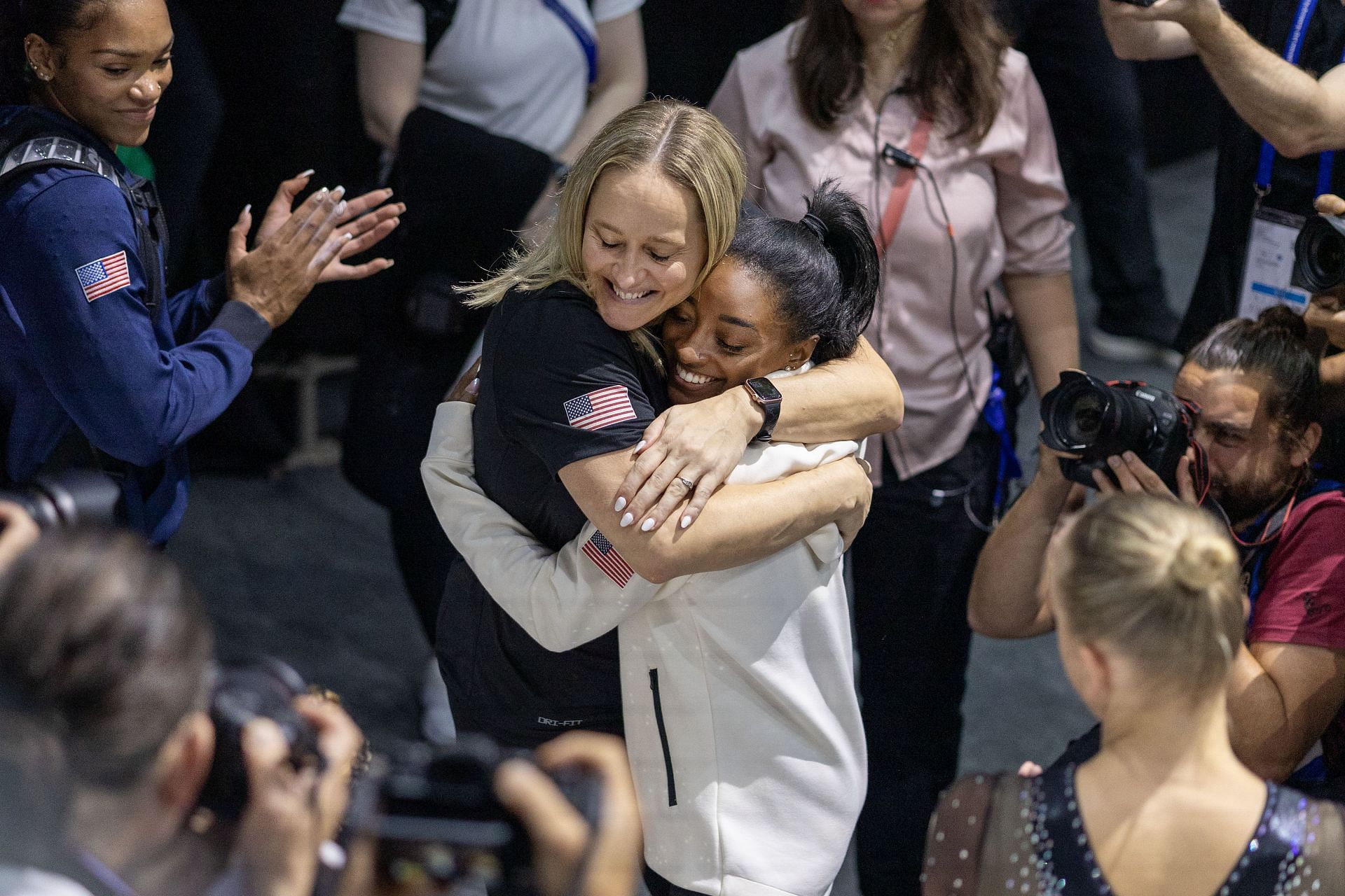 C&eacute;cile Canqueteau-Landi and Simone Biles at the Artistic Gymnastics World Championships. Antwerp 2023. - Source: Getty