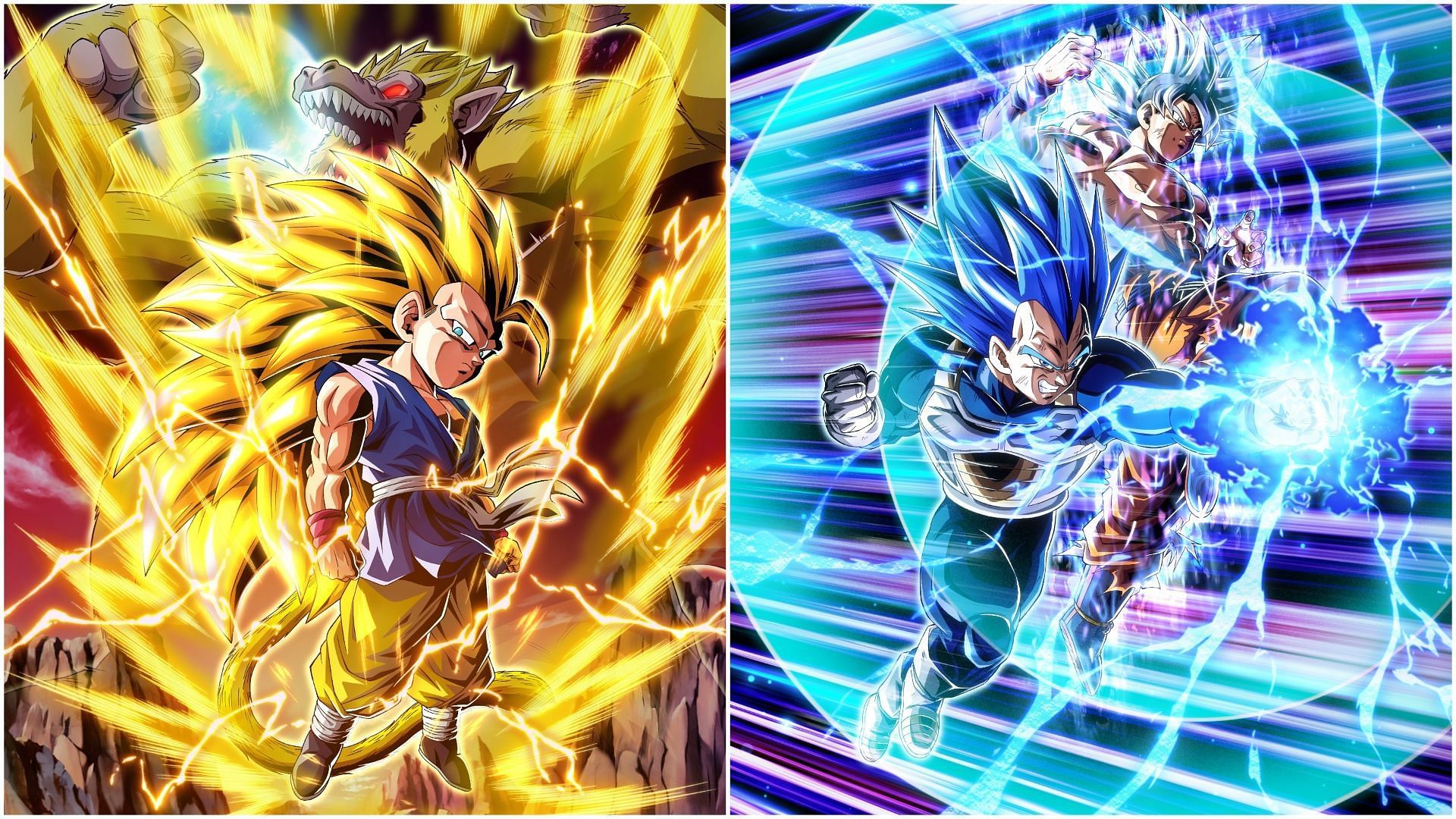 Super Saiyan 3 Goku (GT) (Golden Giant Ape) and Super Saiyan God SS Evolved Vegeta in Dragon Ball Z Dokkan Battle (Image via Bandai Namco)