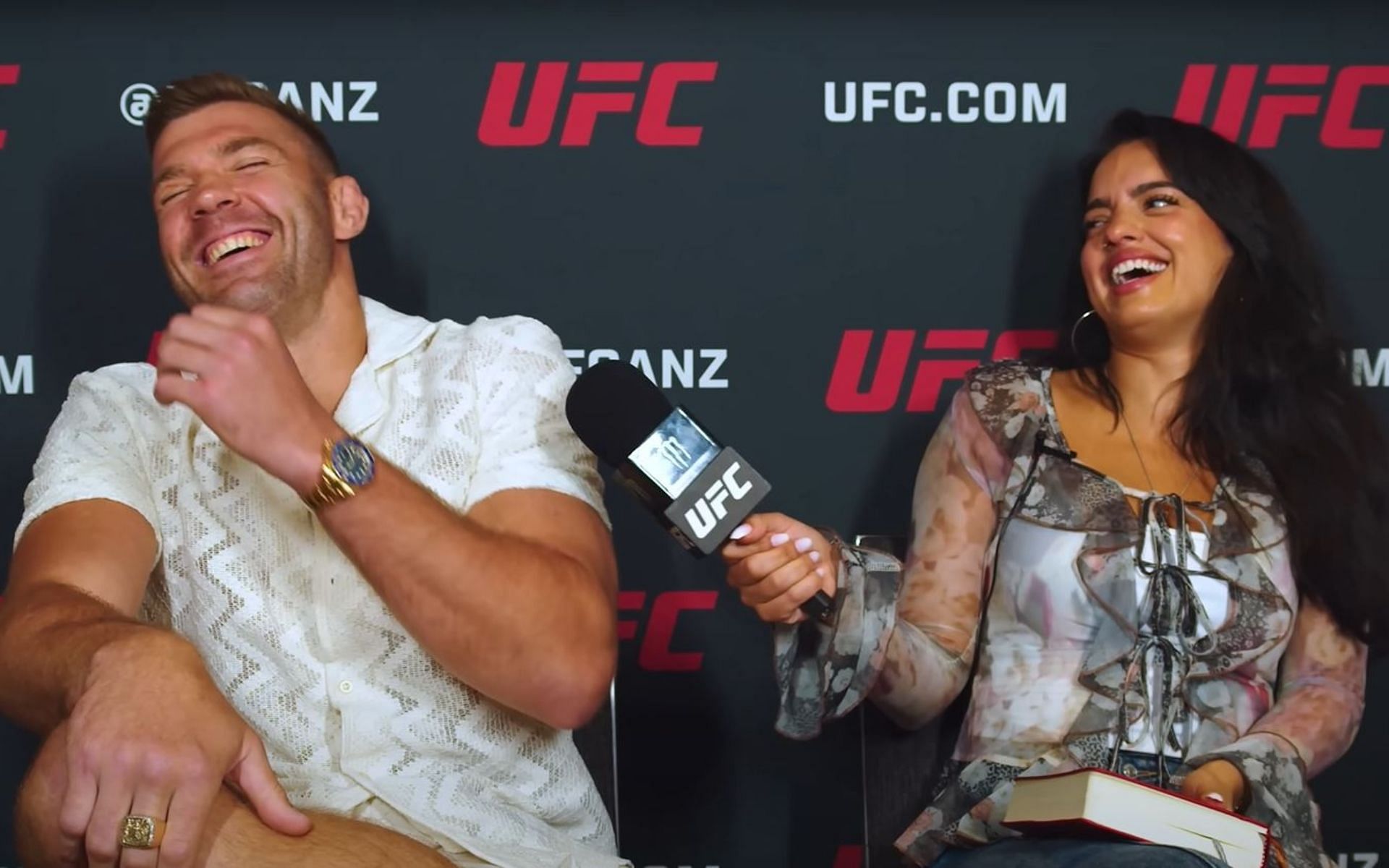 Dricus du Plessis (left) and Nina-Marie Daniele (right) share a laugh ahead of UFC 312. [Image credit: Nina Drama on YouTube]