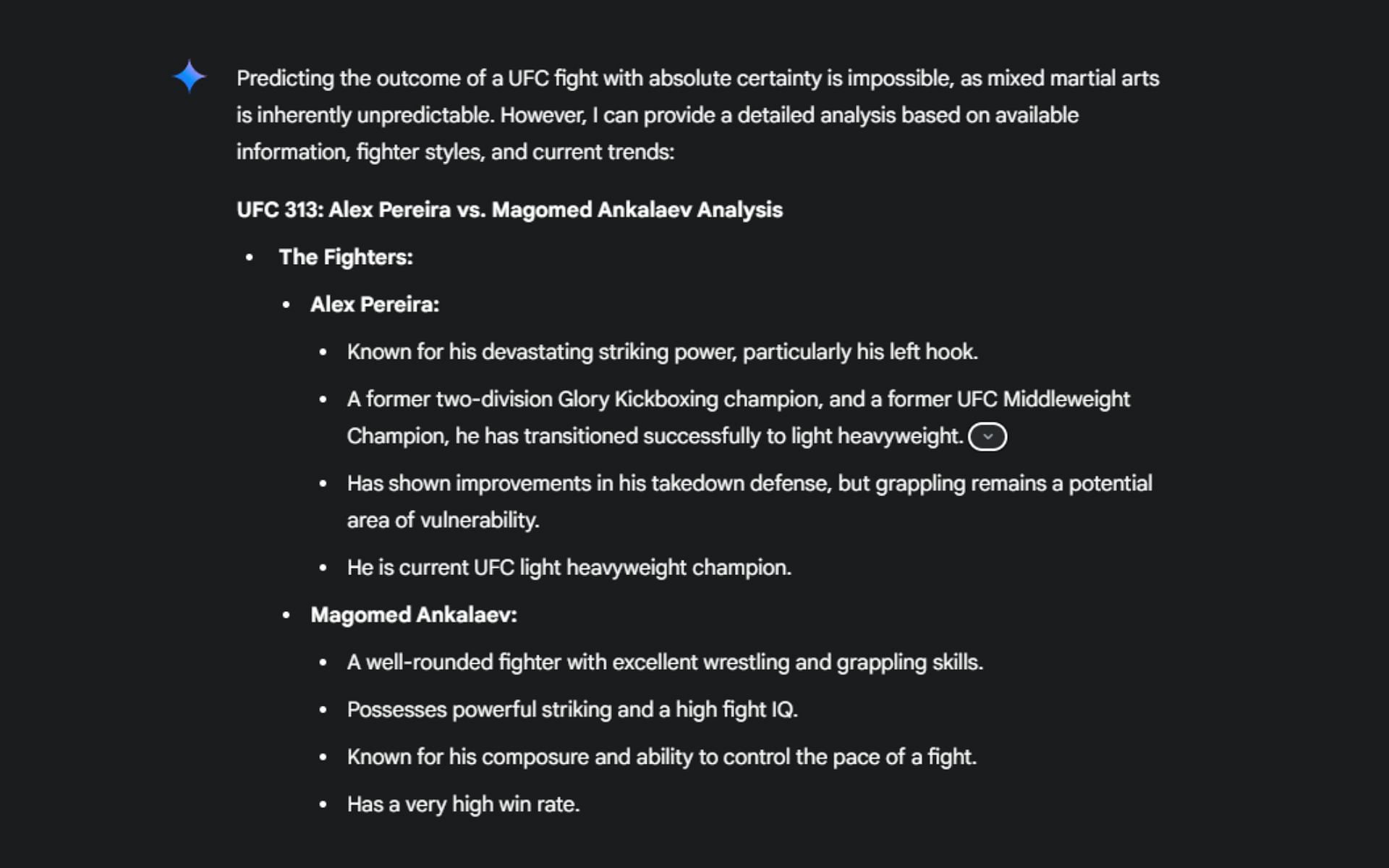 Screenshot of Google&#039;s AI prediction for the UFC 313 headliner -- Alex Pereira vs. Magomed Ankalaev