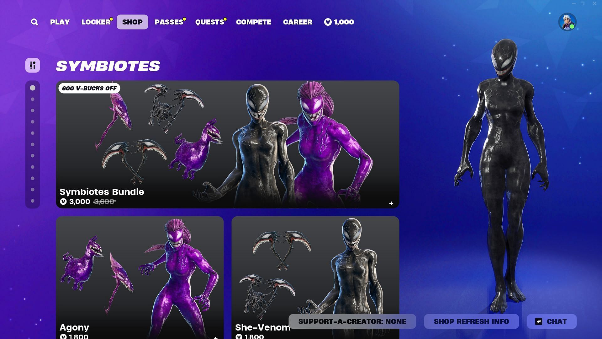 You can now purchase the She-Venom and Agony (Symbiotes) skins in Fortnite (Image via Epic Games)