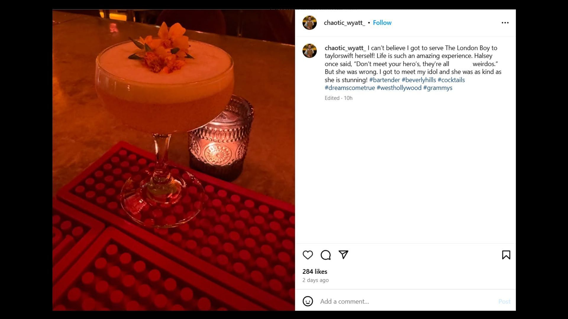 The bartender&#039;s post (Image via Instagram/@chaotic_wyatt_)