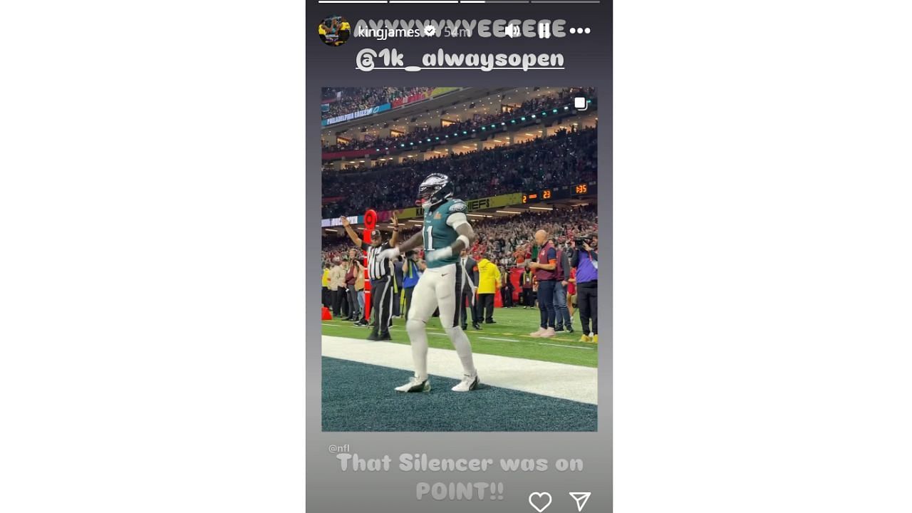 LeBron James reacts to A.J. Brown doing the &quot;Silencer&quot; celebration after scoring a touchdown against the Kansas City Chiefs on Sunday in Super Bowl LIX. [photo: @kingjames/IG]