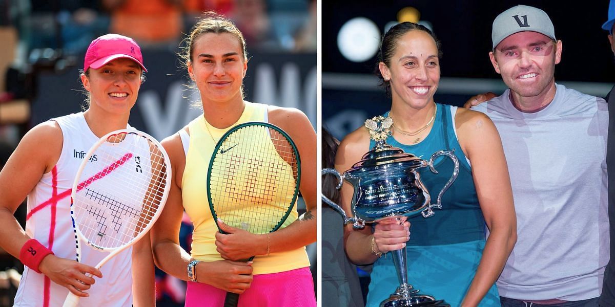 Iga Swiatek with Aryna Sabalenka (L) &amp; Madison Keys with her husband Bjorn Fratangelo (R) [Image Source: Getty Images]