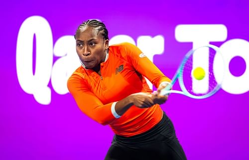 Coco Gauff of the United States during practice ahead of the Qatar TotalEnergies Open, part of the Hologic WTA Tour at Khalifa International Tennis and Squash Complex on February 08, 2025 in Doha, Qatar - Source: Getty