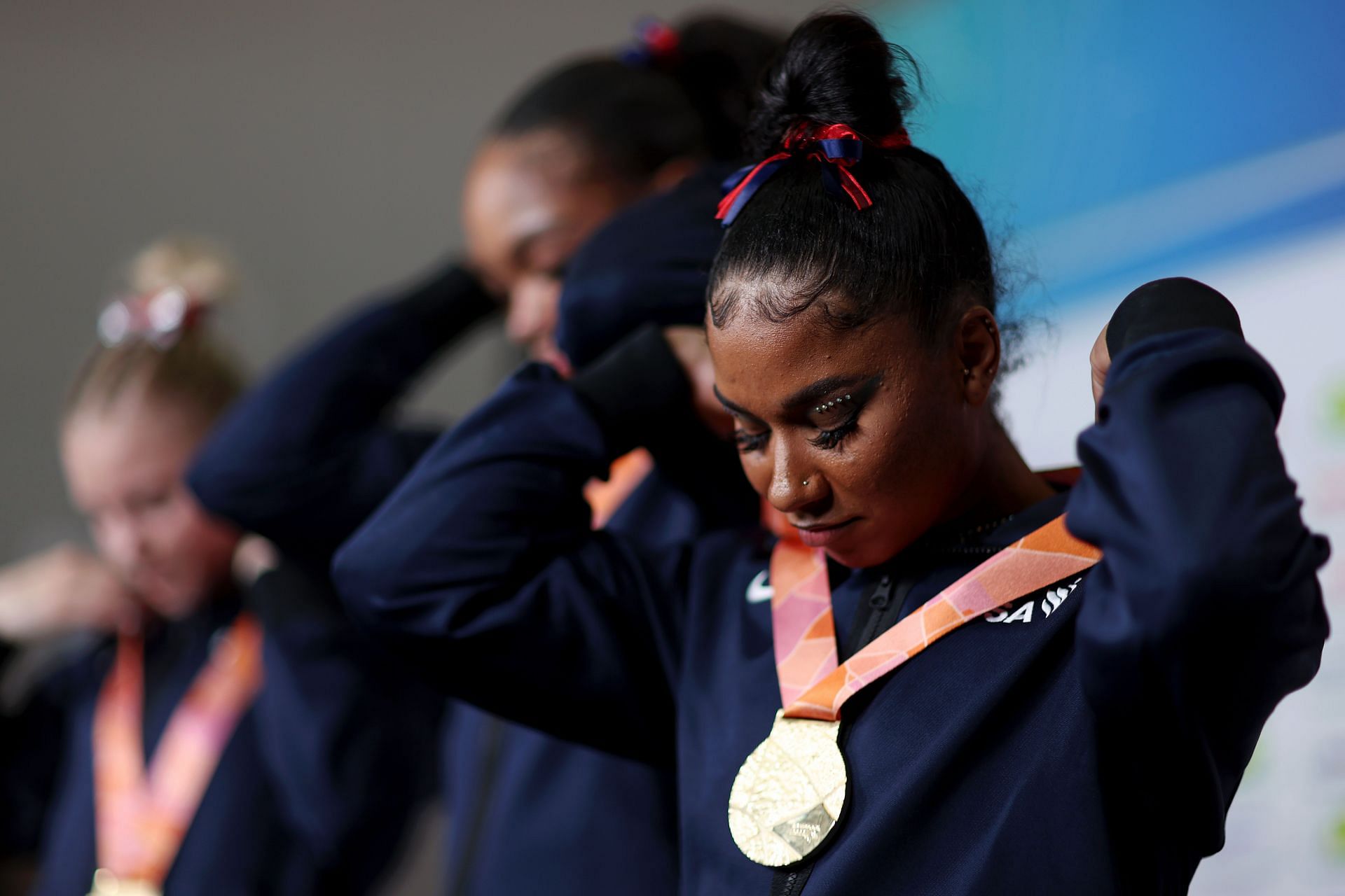 Chiles with her team gold medal during the 2022 World Gymnastics Championships in Liverpool (Image via: Getty Images)