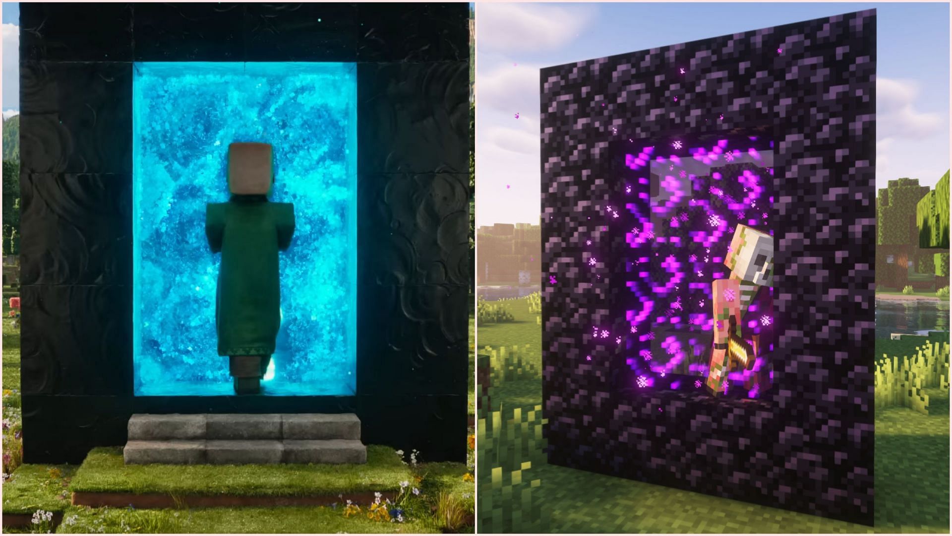 Villager enters the real world just like zombified piglins enter the Overworld (Image via YouTube/Warner Bros || Sportskeeda Gaming/Mojang Studios)