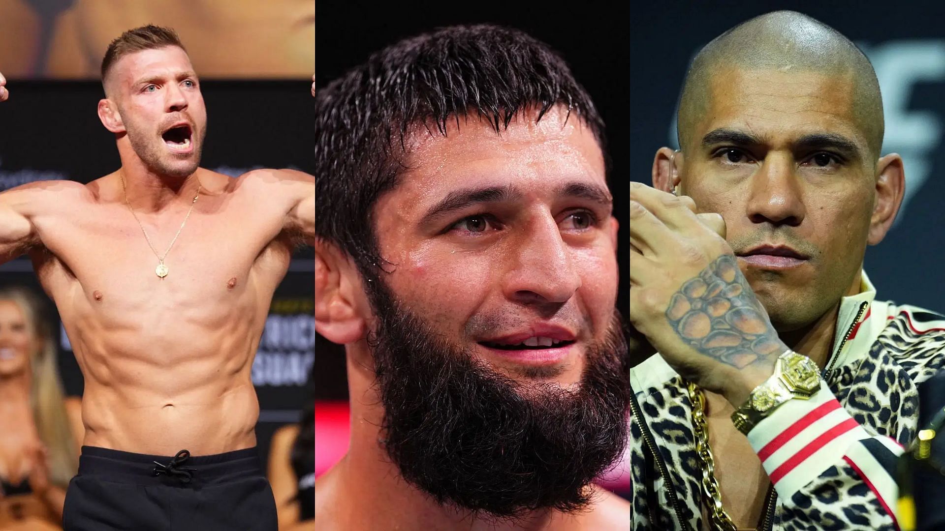 A Ex-UFC champion thinks Dricus du Plessis (left) should first fight Khamzat Chimaev (middle) to earn a fight with Alex Pereira (right). [Image courtesy: Getty Images]