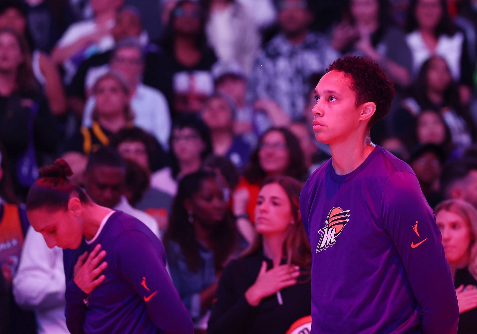 Griner in her first regular season WNBA game since returning to the U.S. after being freed following 10 months spent in a Russian prison. U.S. Vice President Kamala Harris was in attendance for the game. (Photo by Mario Tama/Getty Images)