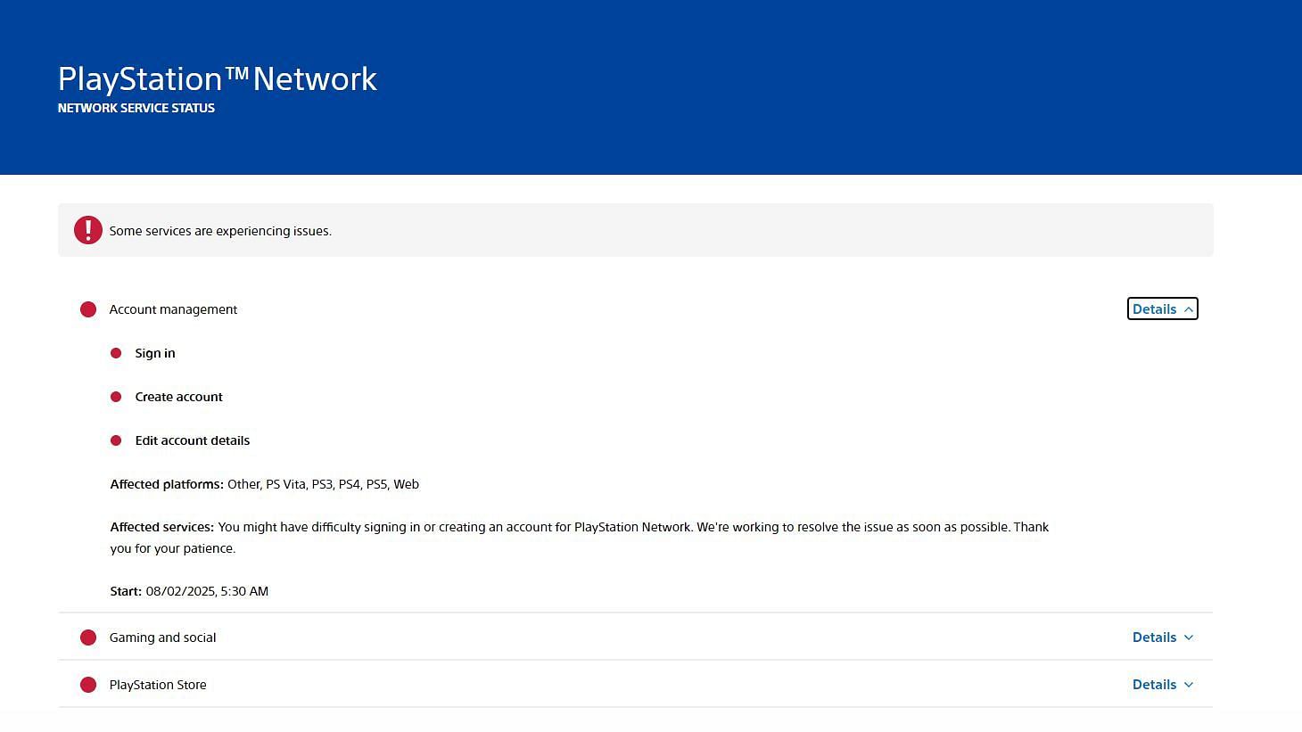 PlayStation Network status page (Image via Sony)