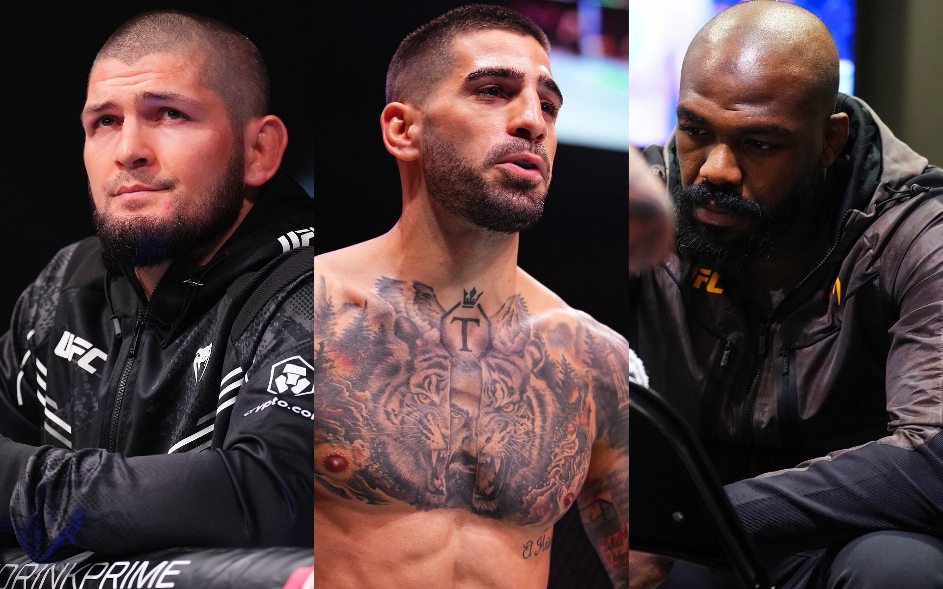 Ilia Topuria (middle) gave his take on the MMA G.O.A.T. debate involving fighters like Khabib Nurmagomedov (left) and Jon Jones (right) [Images courtesy: Getty Images]