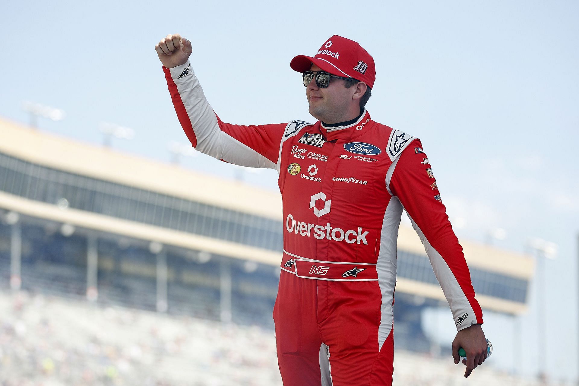 HAMPTON, GEORGIA - SEPTEMBER 08: Noah Gragson, driver of the #10 Overstock.com Ford, waves to fans as he walks onstage during driver intros prior to the NASCAR Cup Series Quaker State 400 Available at Walmart at Atlanta Motor Speedway on September 08, 2024 in Hampton, Georgia. (Photo by Sean Gardner/Getty Images) - Source: Getty