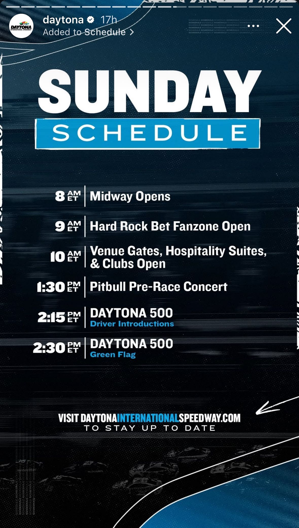 Daytona International Speedway Sunday Schedule - Image via Instagram/@daytona