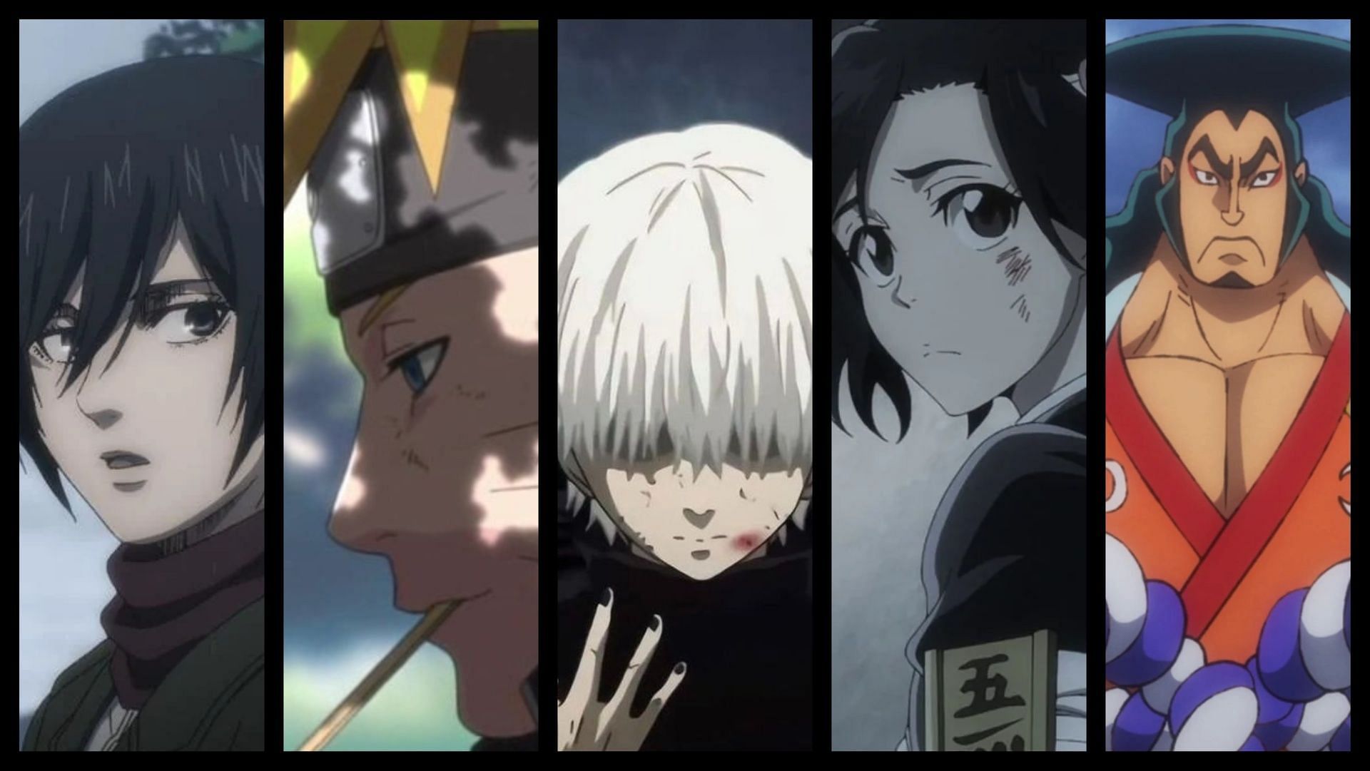 Mikasa Ackerman, Uzumaki Naruto, Ken Kaneki, Momo Hinamori, Kozuki Oden (Images via MAPPA, Pierrot, Toei Animation)