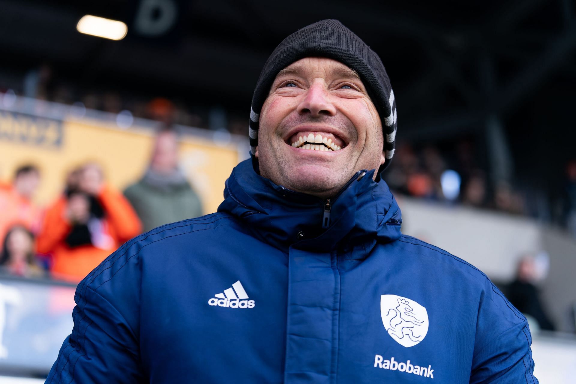 Jeroen Delmee is all smiles in the Netherlands - Germany game at the FIH Hockey Pro League. - Source: Getty