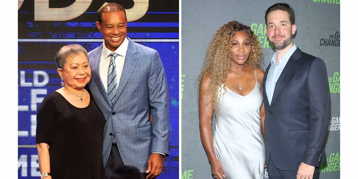 Tiger Woods with his mother (L) and Serena Williams with her husband Alexis Ohanian (R) (Image Source: Getty)