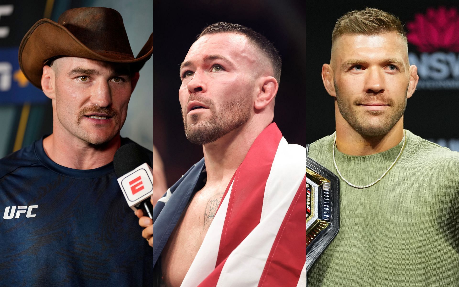 Colby Covington (middle) has given his assessment of the rematch between Sean Strickland (left) and Dricus du Plessis (right) [Images courtesy: Getty Images]