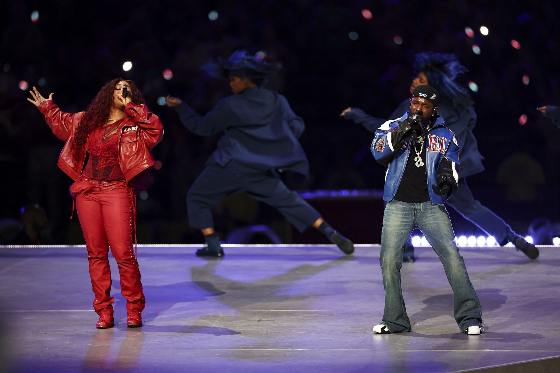 Kendrick Lamar and SZA perform at the Super Bowl. Source: Getty