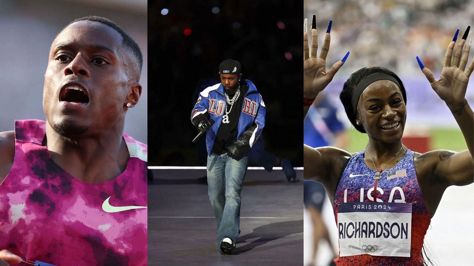 Christian Coleman (left image), Kendrick Lamar (middle image) and Sha