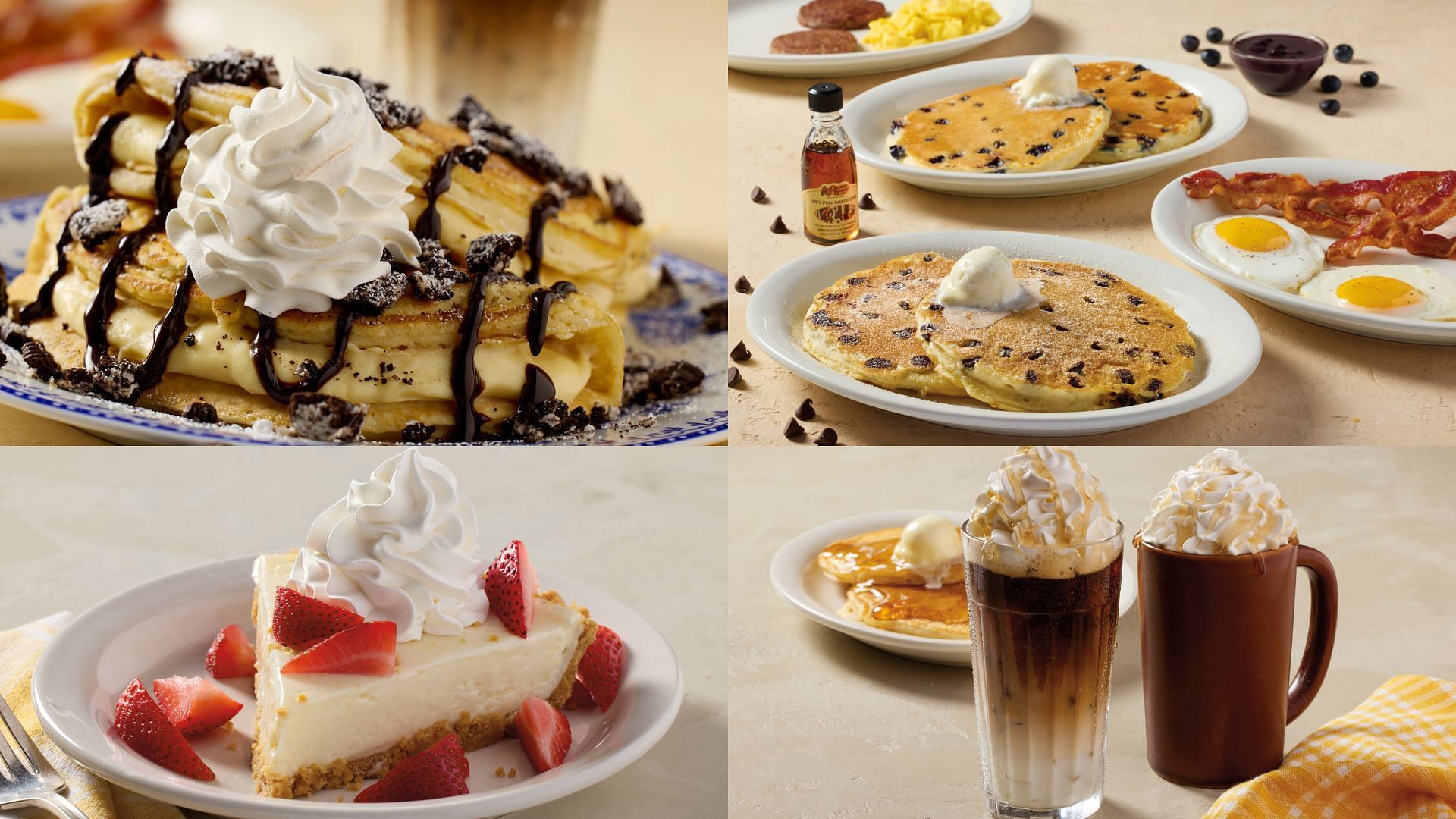 OREO Cheesecake Pancakes, Pancake Platter, Strawberry Icebox Pie &amp; Pancake Latte (Image via Cracker Barrel)