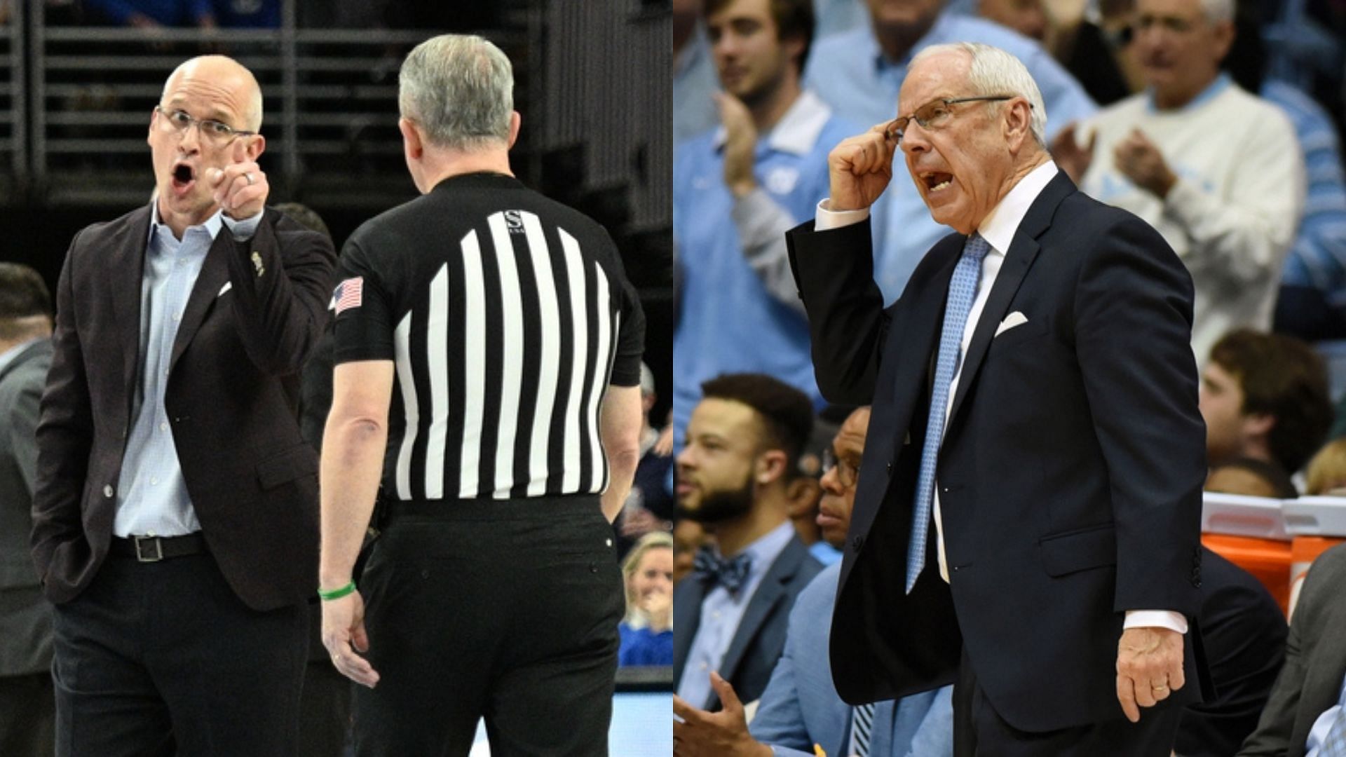 UConn coach Dan Hurley talks to an official; North Carolina legend Roy Williams. Source: Imagn