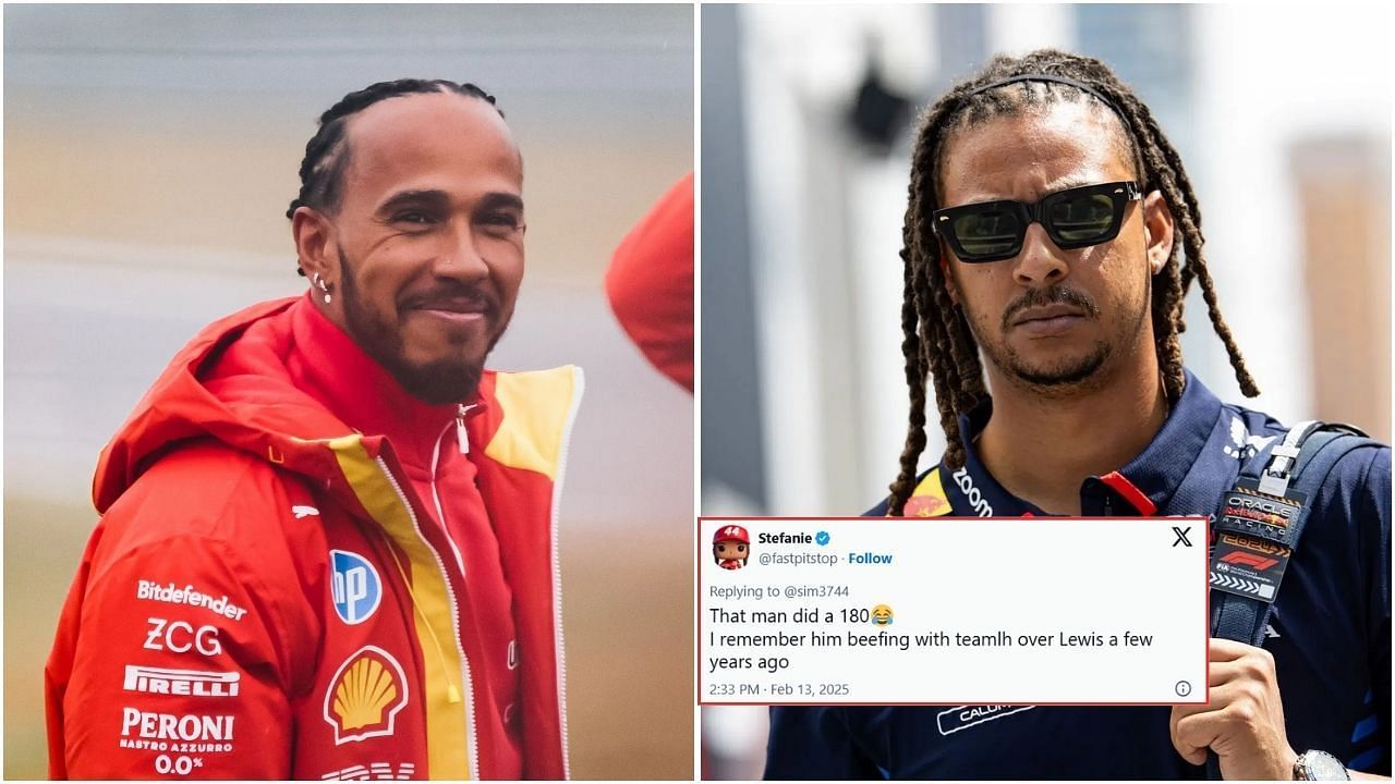 Fans react to Red Bull personnel praising Lewis Hamilton (Images from @fastpitstop on X and Getty Images)