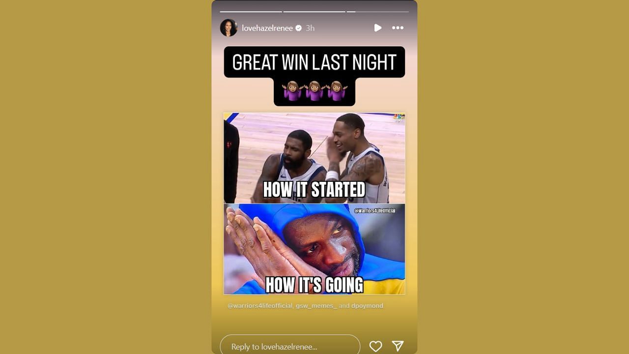 Draymond Green&#039;s wife reacts to the Warriors&#039; win over the Mavs on Sunday. (Credits: @lovehazelrenee/Instagram)