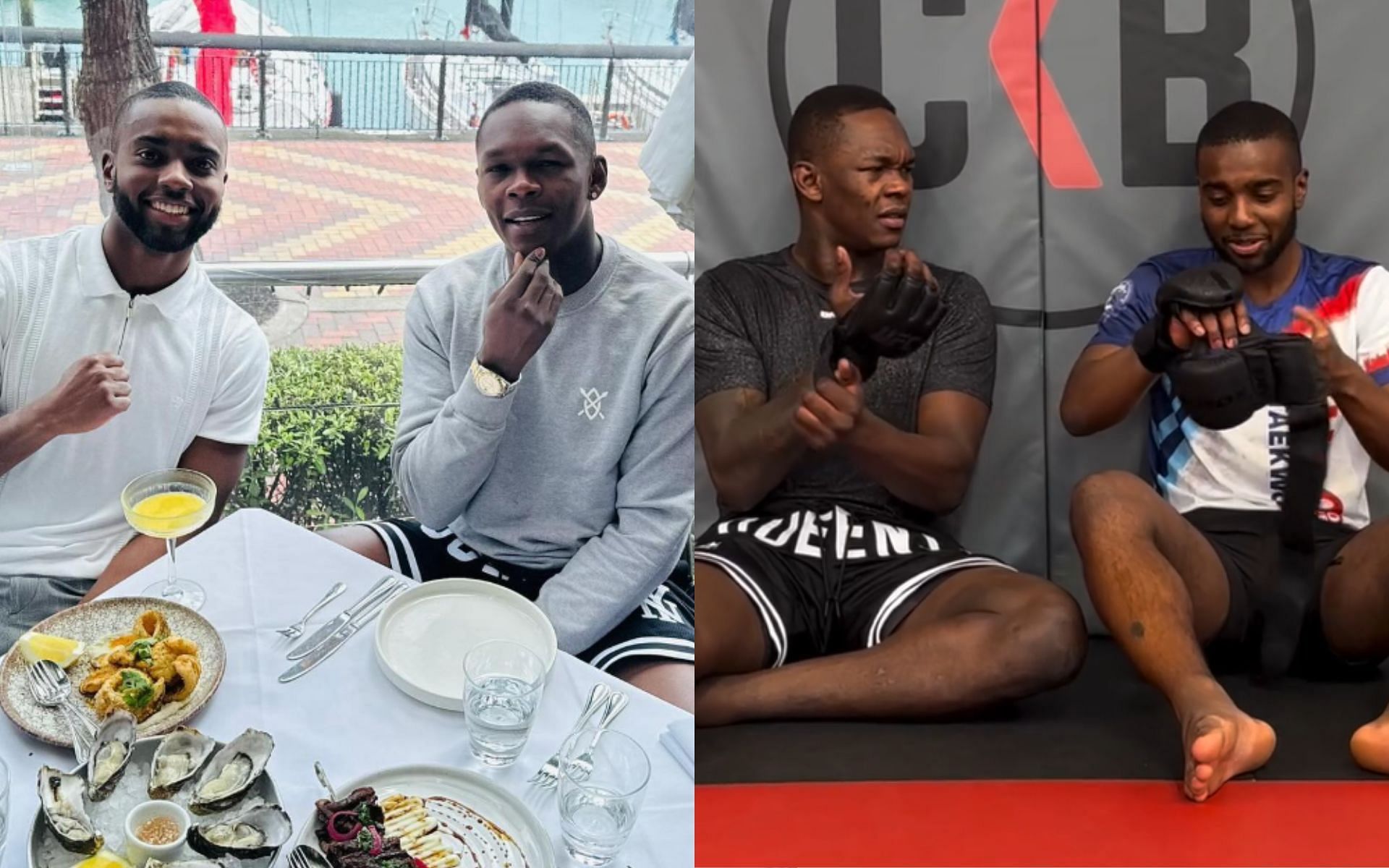 Josh Iyalla (far left and far right) shares incredible story of a DM in 2021 to Israel Adesanya (middle left and middle right) turned into a friendship [Images courtesy: @josh_iyalla on Instagram]