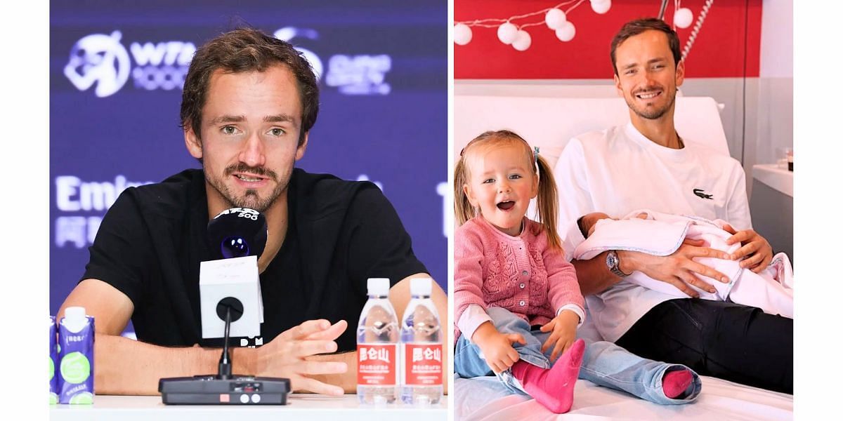 Daniil Medvedev (L); pictured with daughters Alisa and Victoria (R) - Image Source: Getty, Instagram @medwed33