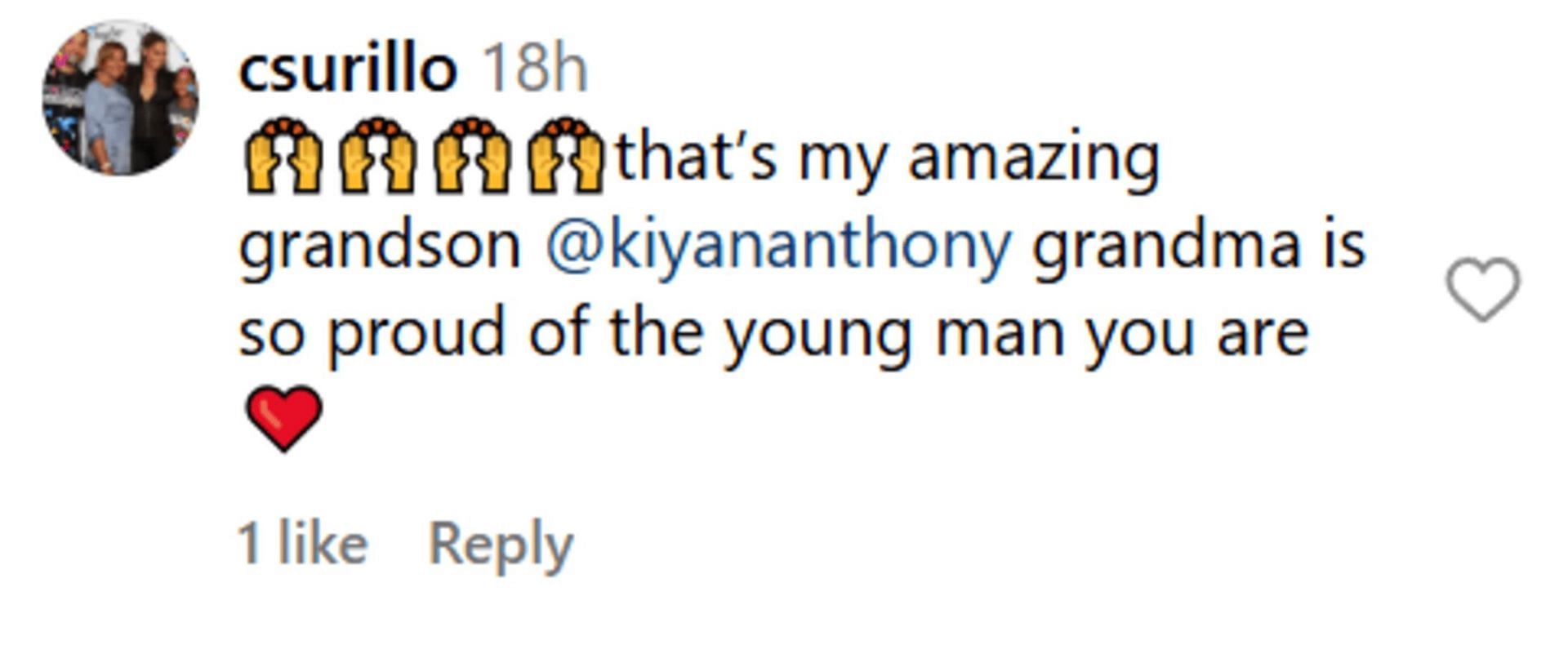 Carmen Elsa Surillo comments on Player Spotlight post featuring grandson Kiyan Anthony (Source: Instagram/ league.ready)