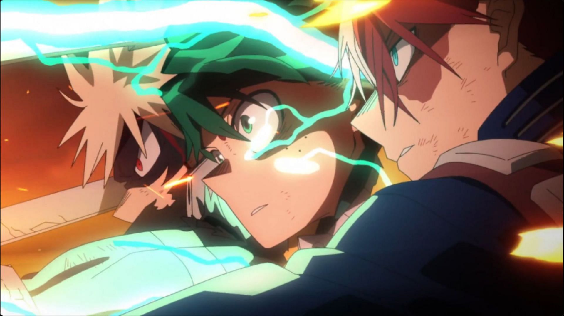 Bakugo, Deku, and Shoto about to smash the villain in My Hero Academia: You&rsquo;re Next (Image via Studio Bones)