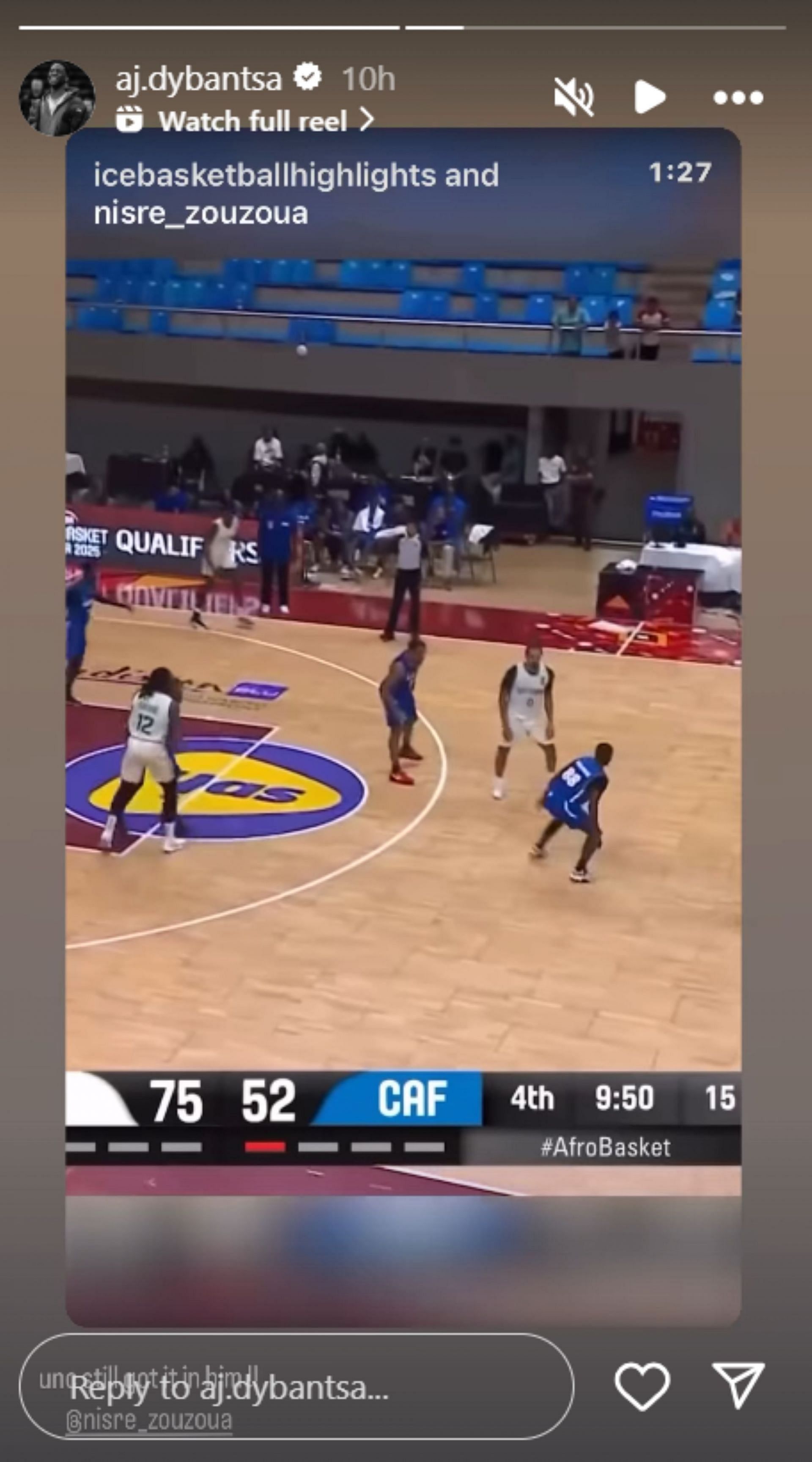 AJ Dybantsa reacts to Boston hooper Nisre Zouzoua&#039;s display at Afrobasket qualifiers (Image: IG/aj.dybantsa)