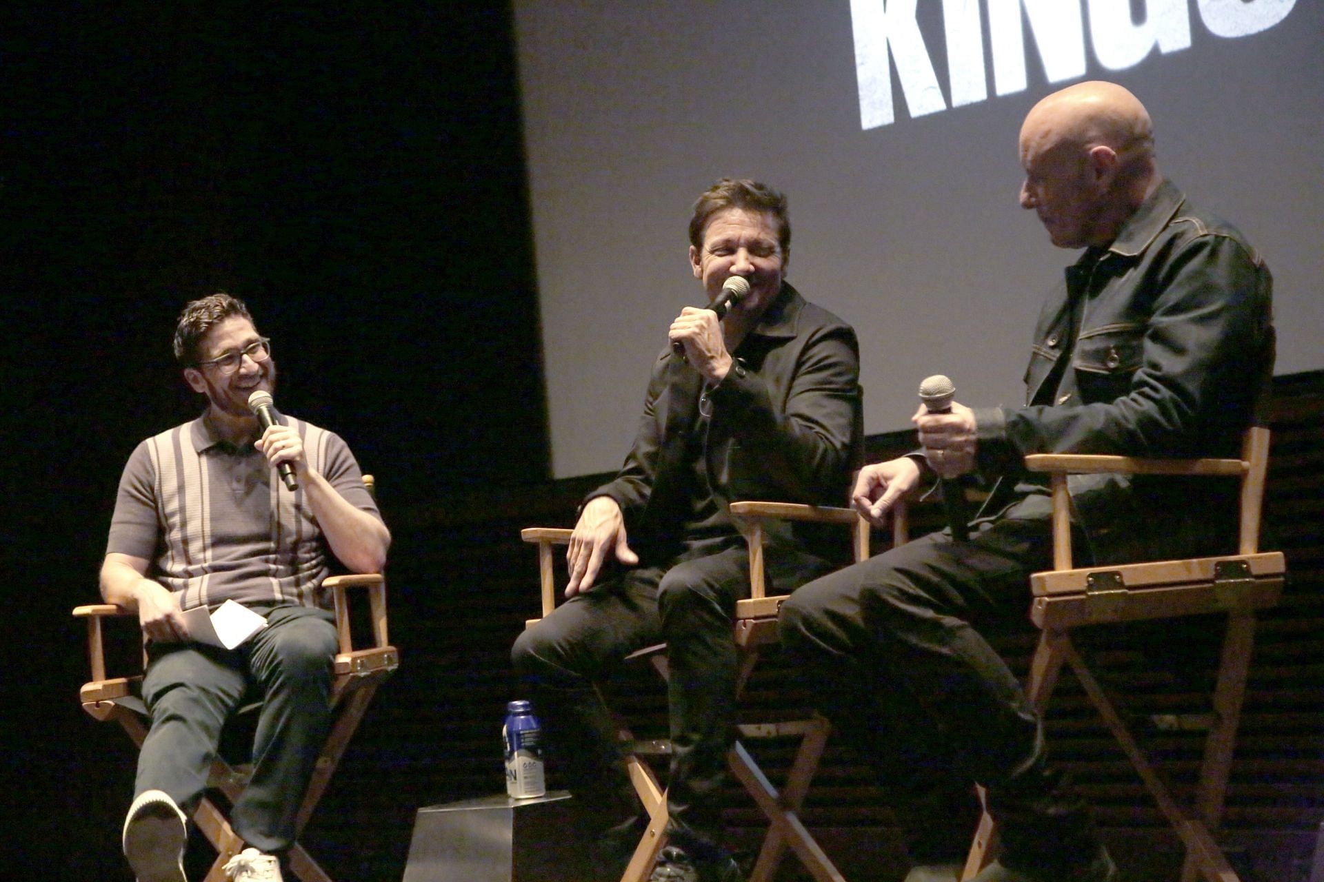 (L-R) Josh Horowitz, Jeremy Renner, and Hugh Dillon speak onstage during the Mayor Of Kingstown special advanced screening event in NY on May 20, 2024, in New York City. (Photo by Santiago Felipe/Getty Images for Paramount+)