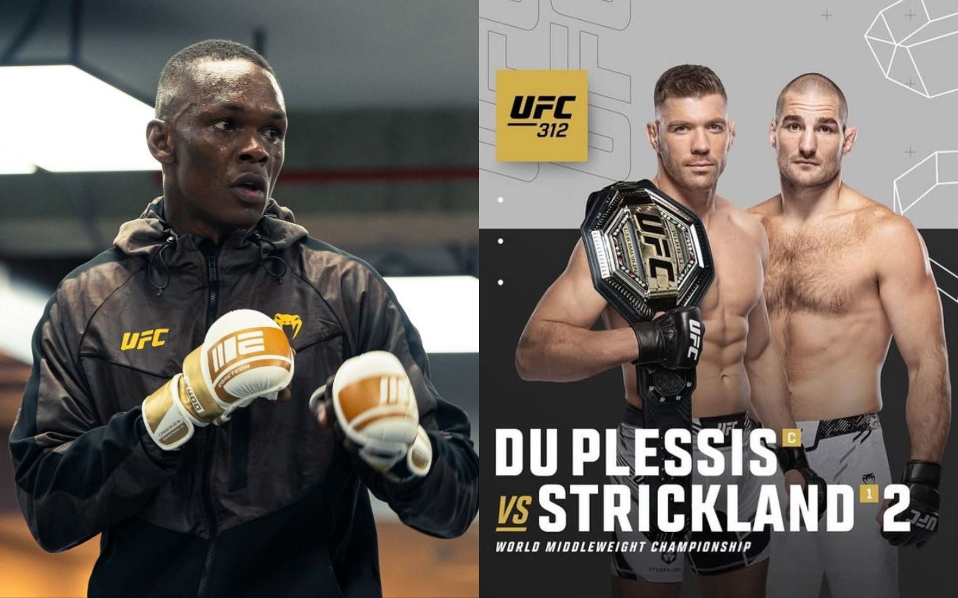 Israel Adesanya (left) provides his prediction for the main event of UFC 312 (right). [Image credit: @stylebender, @dricusduplessis on Instagram]