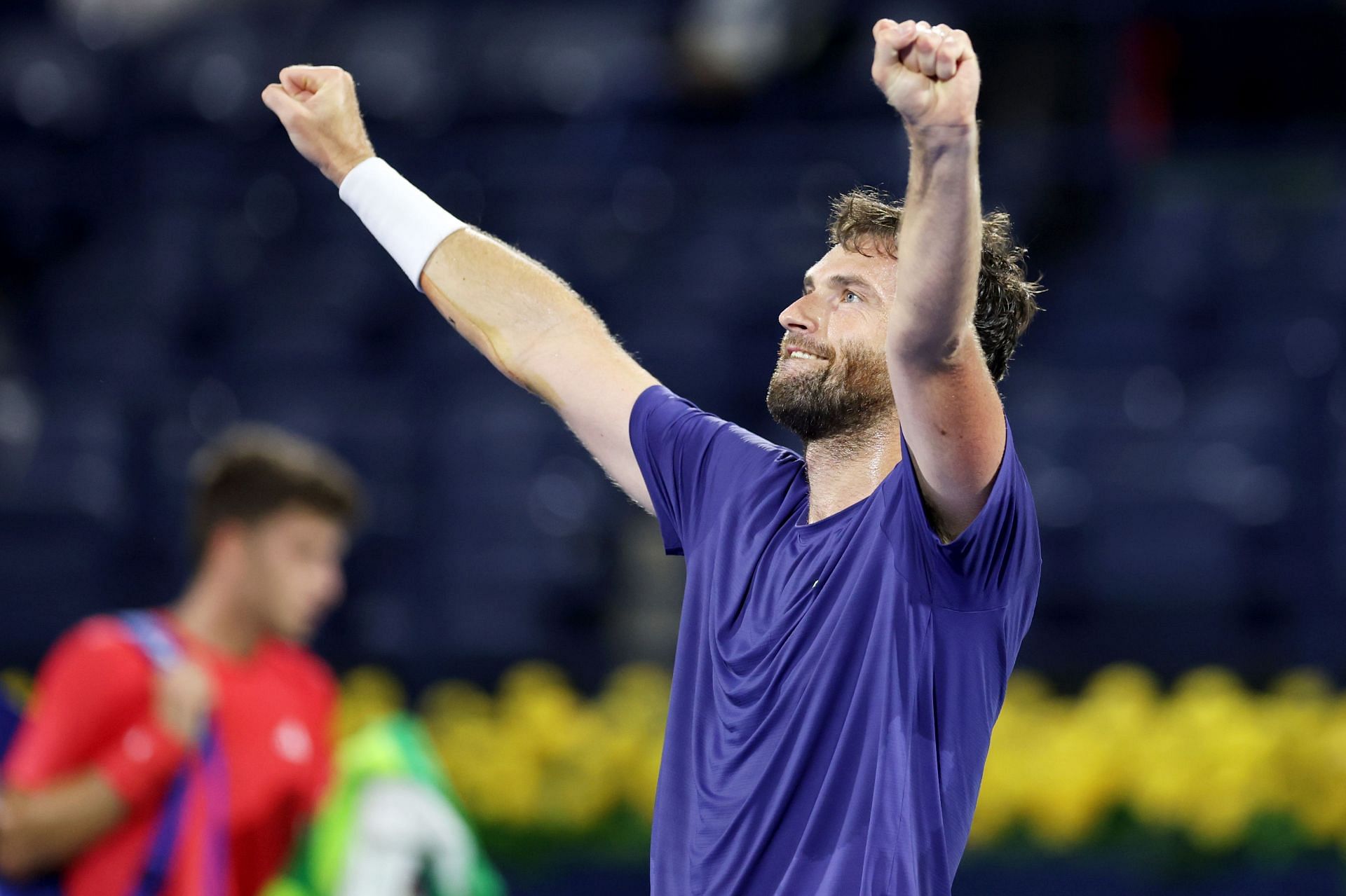 Quentin Halys of France celebrates victory over Luca Nardi of Italy in their quarter final match during day twelve of the Dubai Duty Free Tennis Championships- Source: Getty