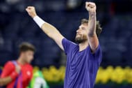 Quentin Halys of France celebrates victory over Luca Nardi of Italy in their quarter final match during day twelve of the Dubai Duty Free Tennis Championships- Source: Getty