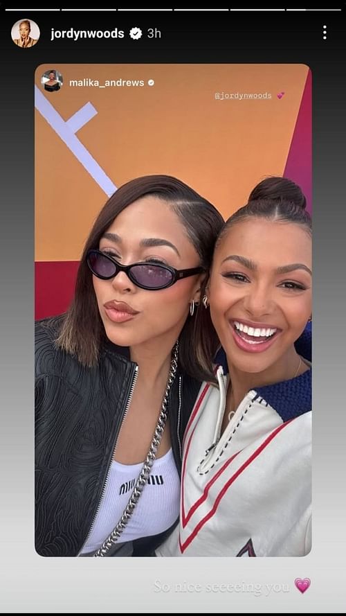 Jordyn Woods posts a selfie with Malika Andrews on Instagram. Credit: Woods/IG