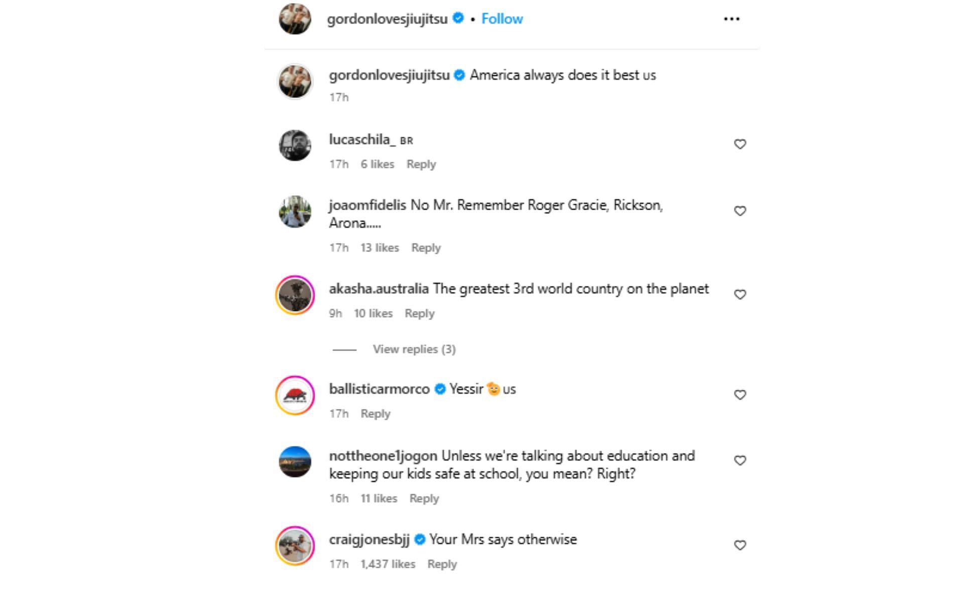 Screenshot of Craig Jones&#039; comment on Gordon Ryan&#039;s post