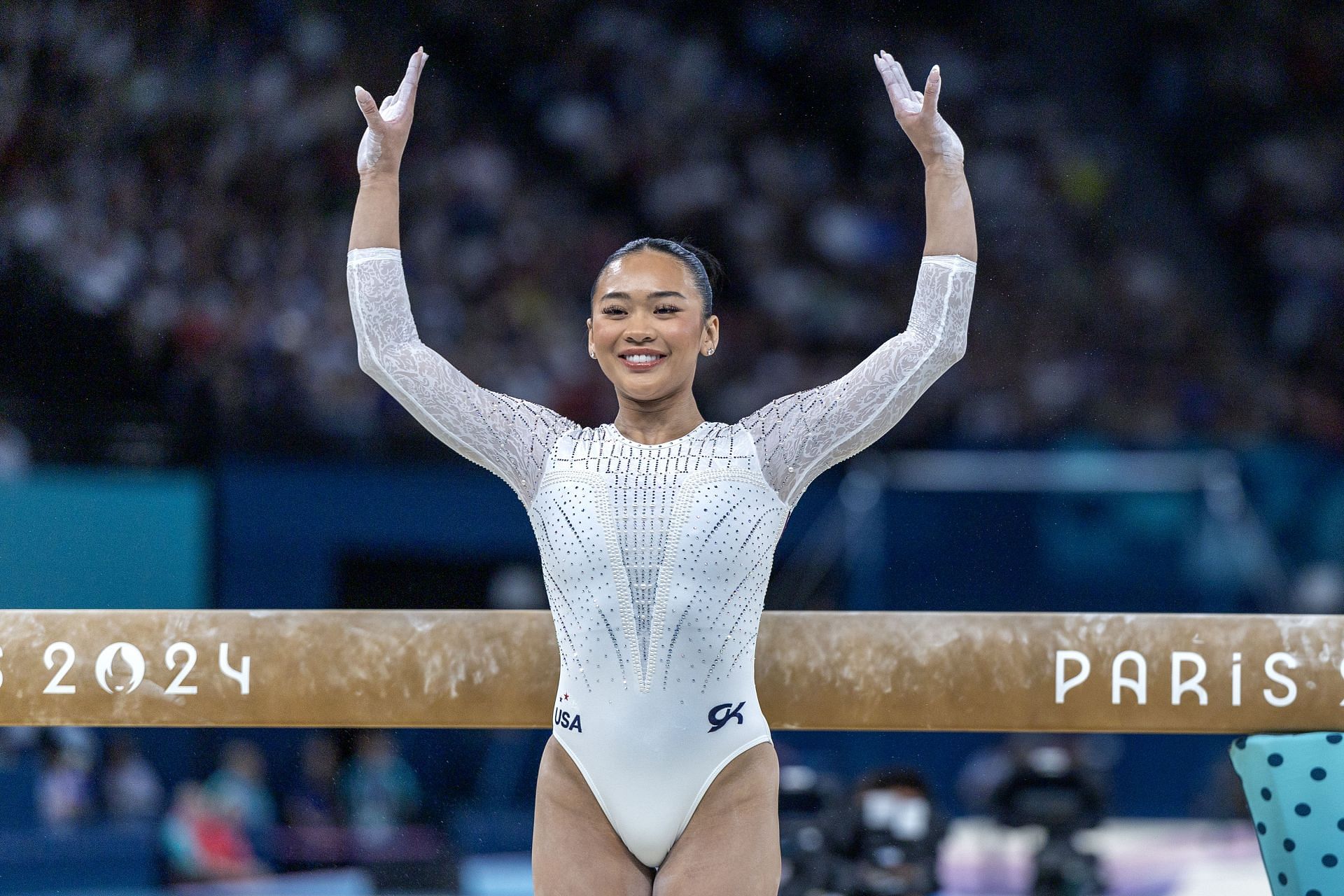 Suni Lee of the United States during the Summer Olympic Games in Paris, France. (Photo via Getty Images)