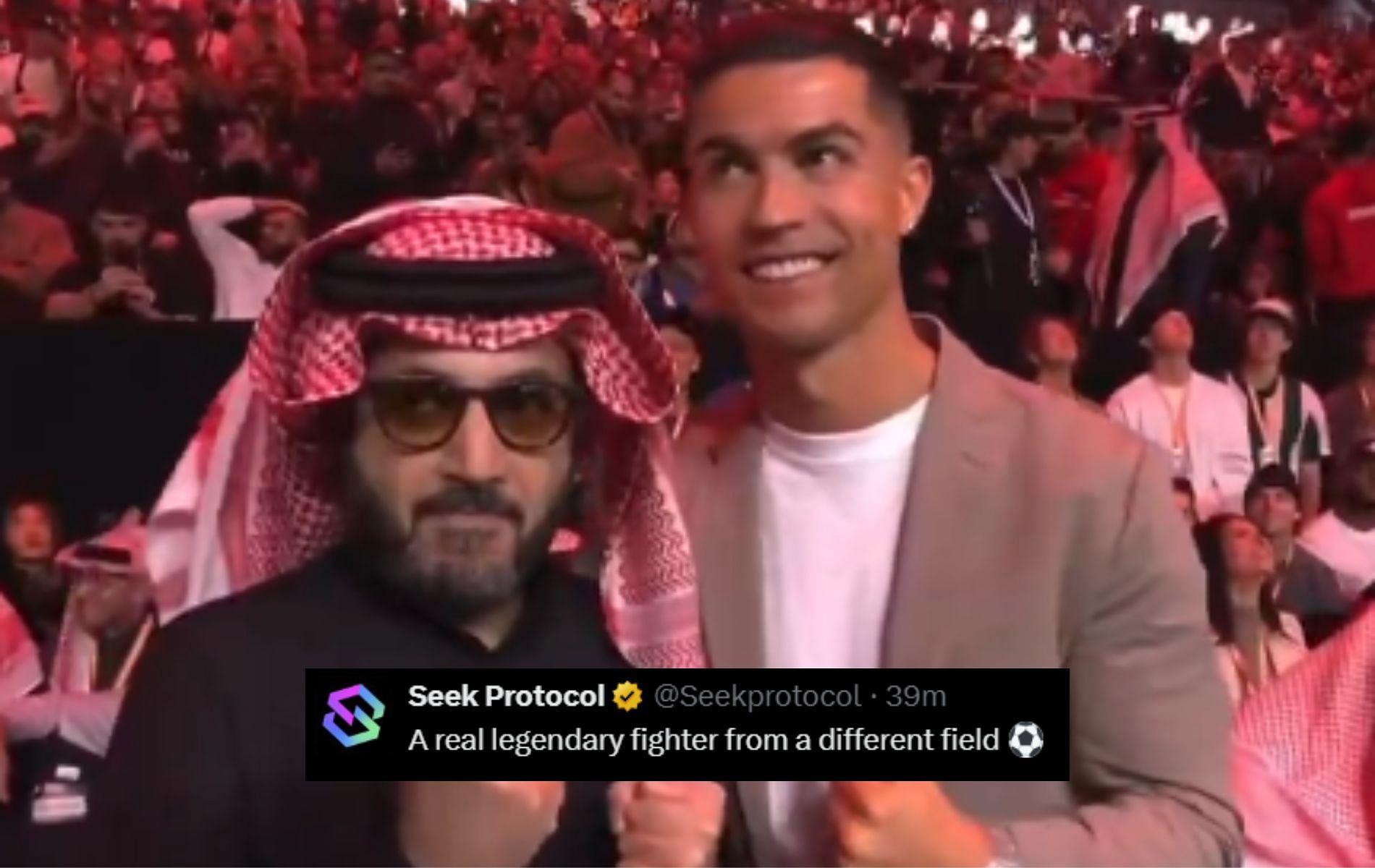 Fans react to Turki Alalashikh and Cristian o Ronaldo attending UFC Saudi Arabia. [Image Courtesy: @ChampRDS on X]