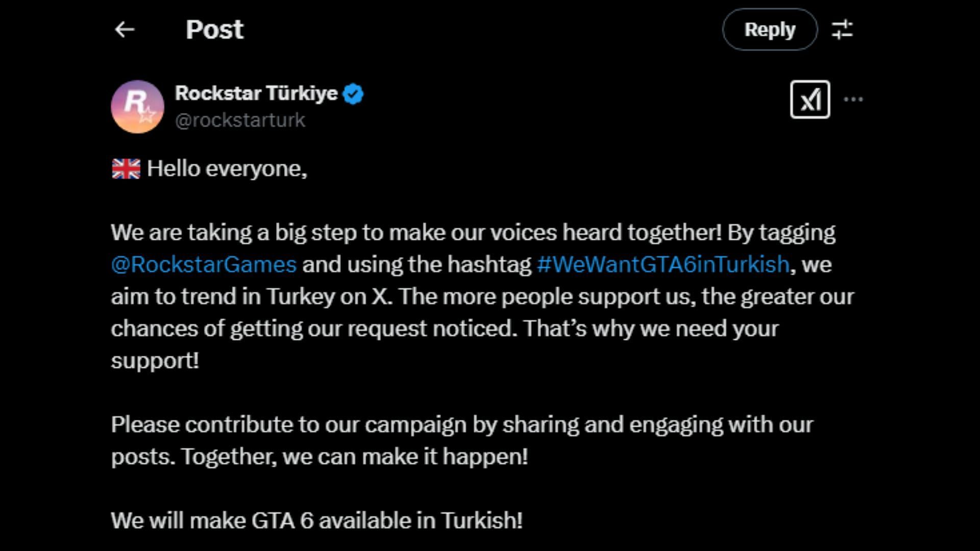 Turkish gamers are campaigning for GTA 6 to support their local language (Image via X/@rockstarturk)