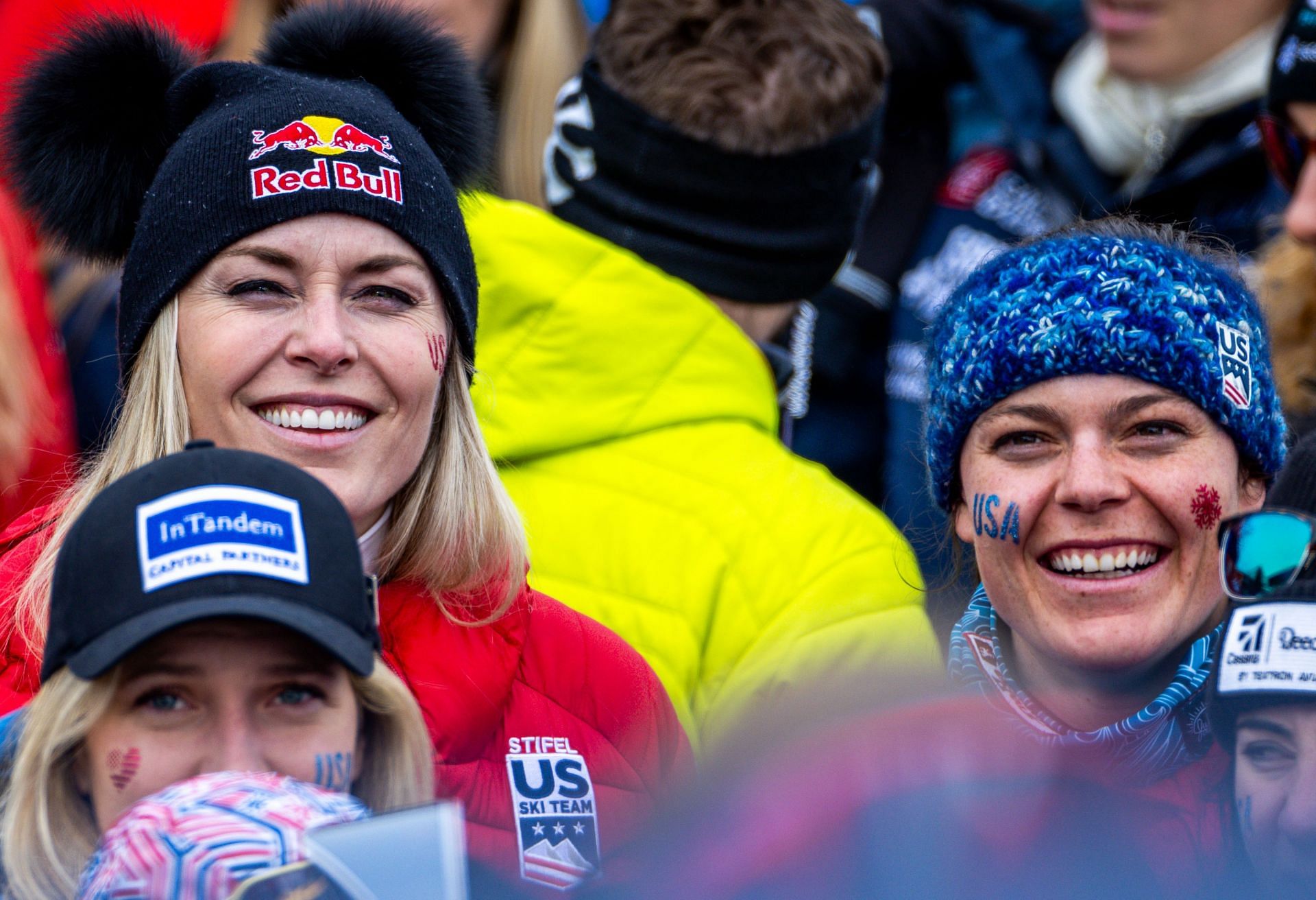 Lindsey Vonn with teammate Breezy Johnson during the team combined events of the 2025 Fis Ski World Championships (Image via: Getty Images)