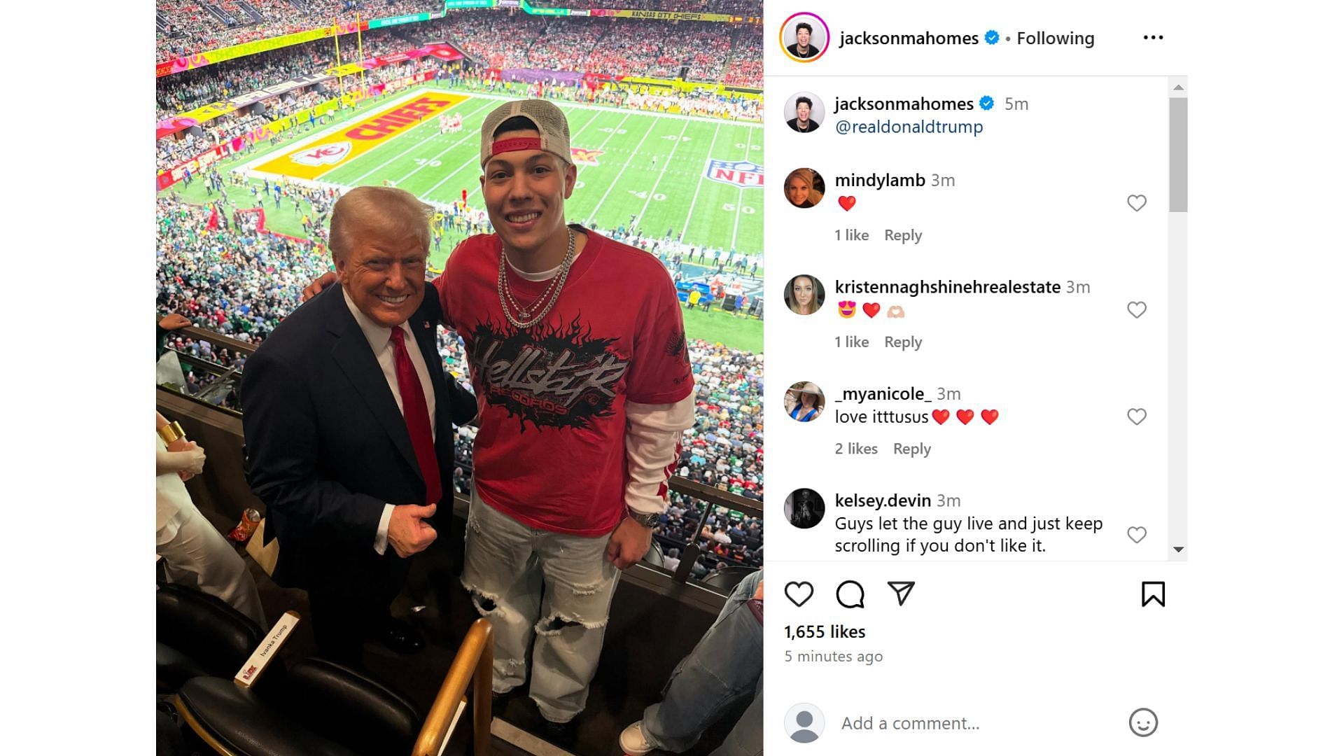 Patrick Mahomes&#039; brother Jackson poses with Donald Trump at the Super Bowl LIX [Image credit: @jacksonmahomes IG]