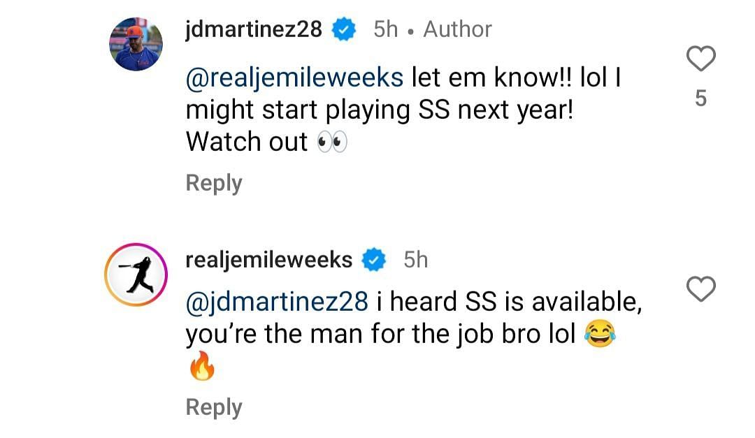 J.D. Martinez&#039;s and Jemile Weeks&#039; comments. Source - Instagram/@jdmartinez28/@realjemileweeks