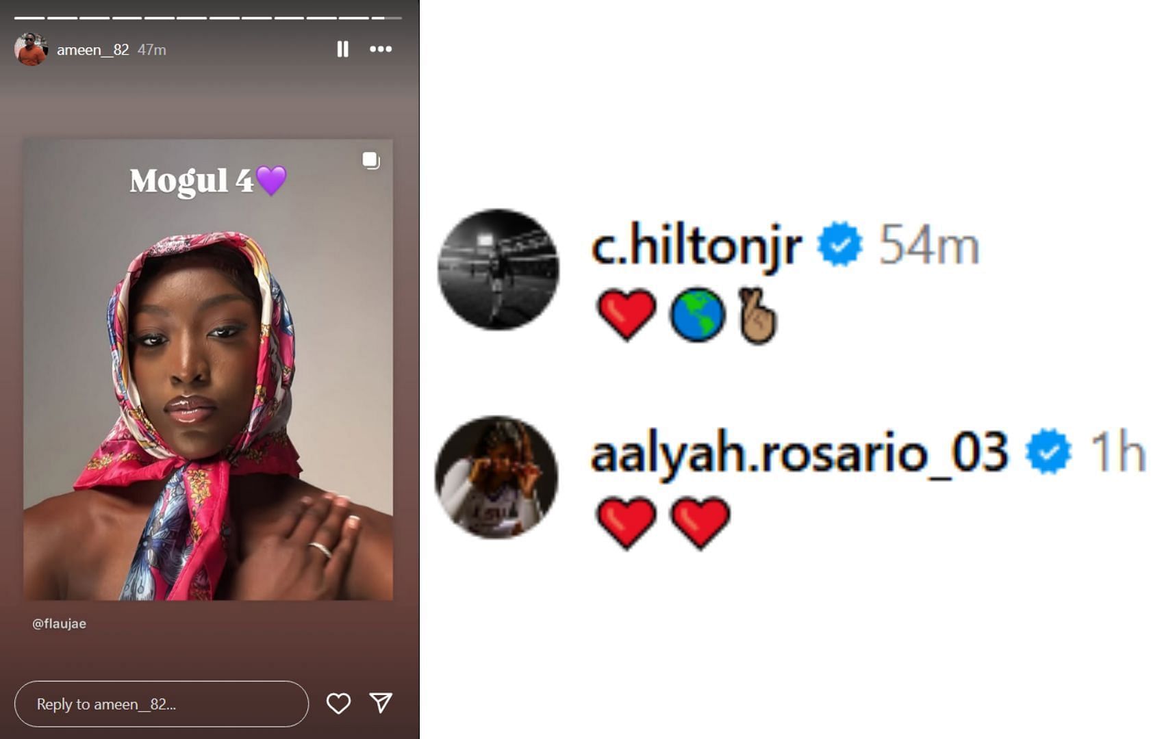 Aalyah Del Rosario and Chris Hilton Jr&#039;s comment and Ameen Brooks reposted Johnson&#039;s post | via @flaujae/ig