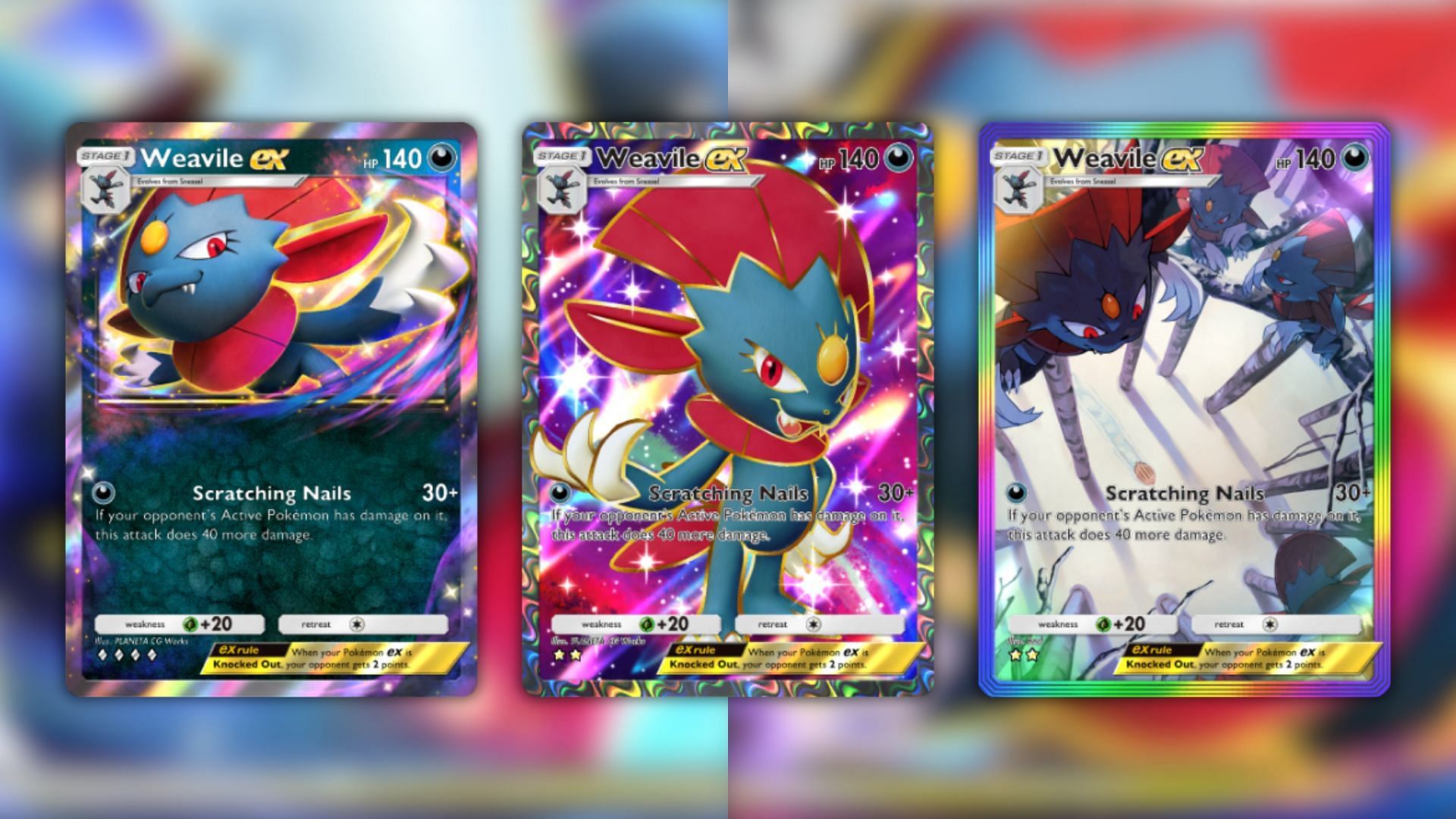 All Weavile ex variants as seen in the game (Image via The Pokemon Company)