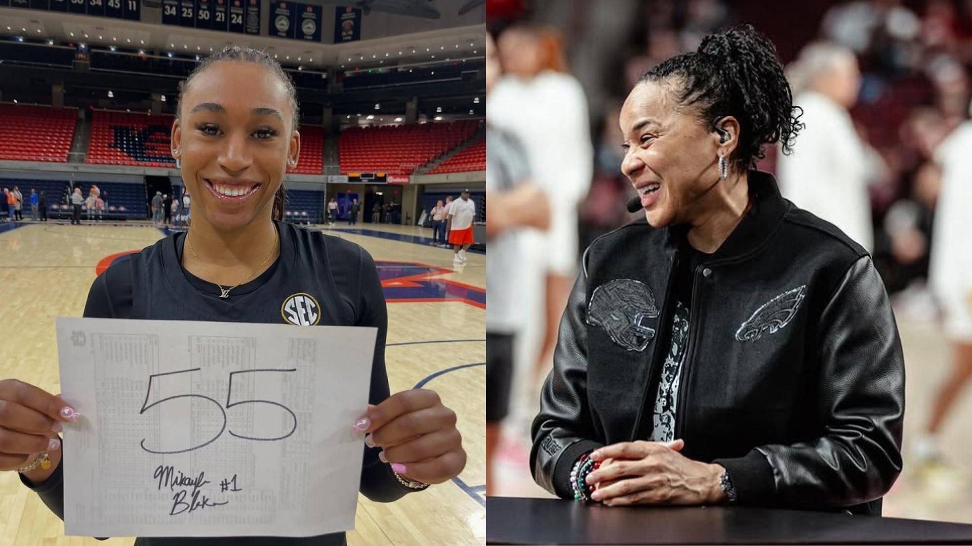 Mikayla Blakes (left) and Dawn Staley (right) [Image via IG/@VandyWBB, @gamecockwbb]