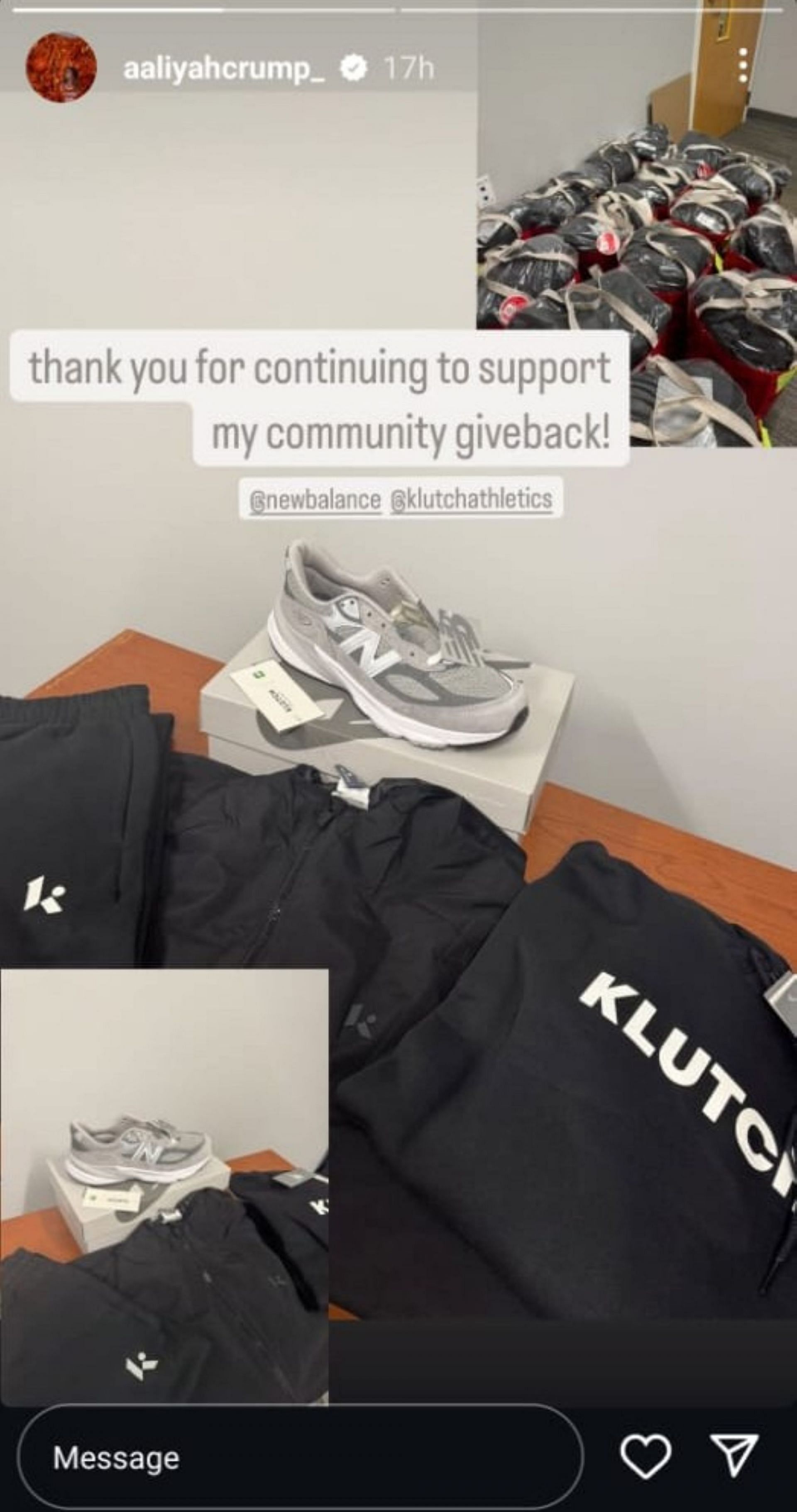 Aaliyah Crump gives a shout-out to NIL sponsor Klutch Athletics for supporting her community outreach efforts (Image: IG/aaliyahcrump_)