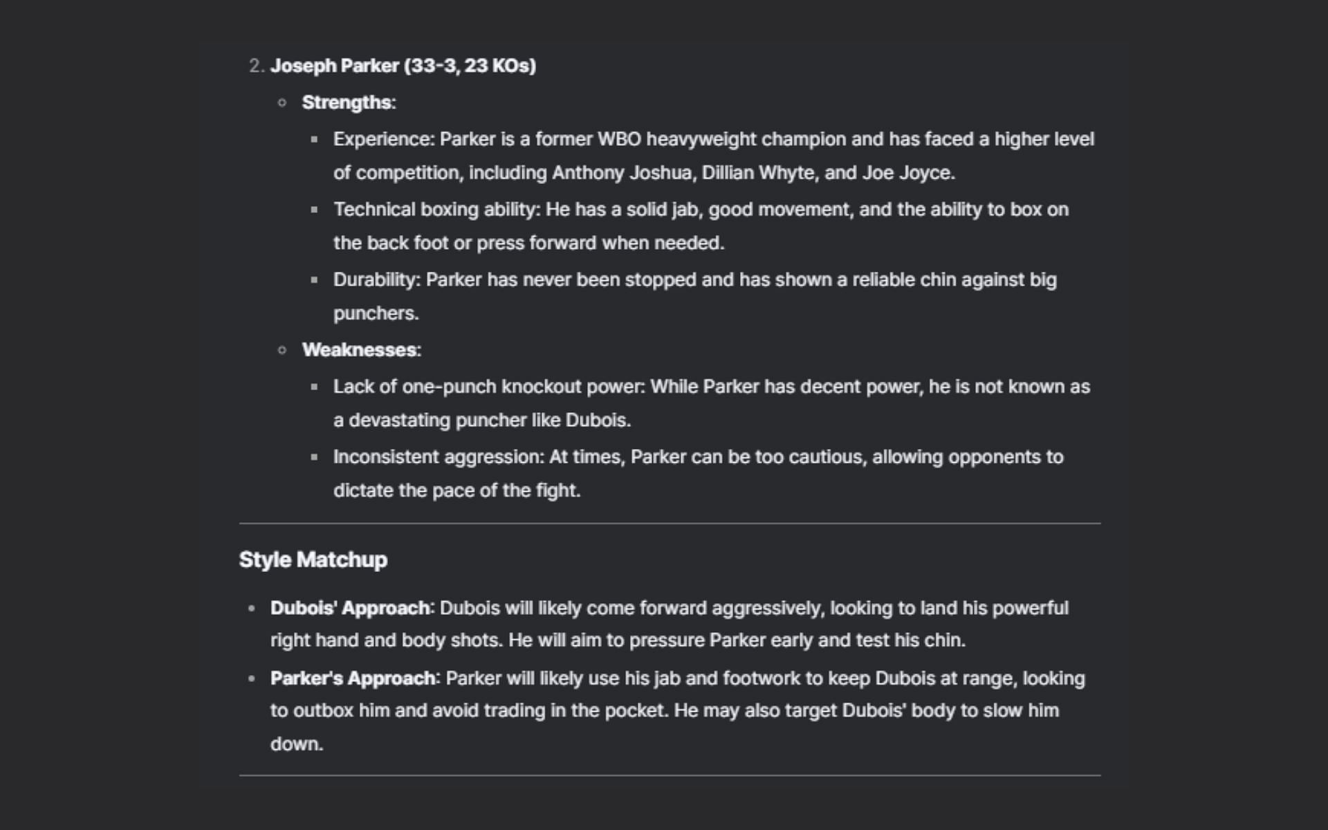 Screenshot of DeepSeek&#039;s AI prediction for the much-awaited Daniel Dubois vs. Joseph Parker fight